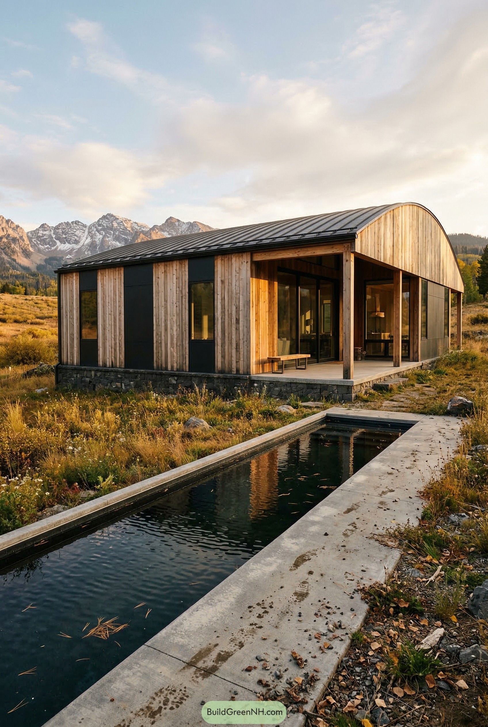 Wood clad mountain house with curved roof and reflecting pool