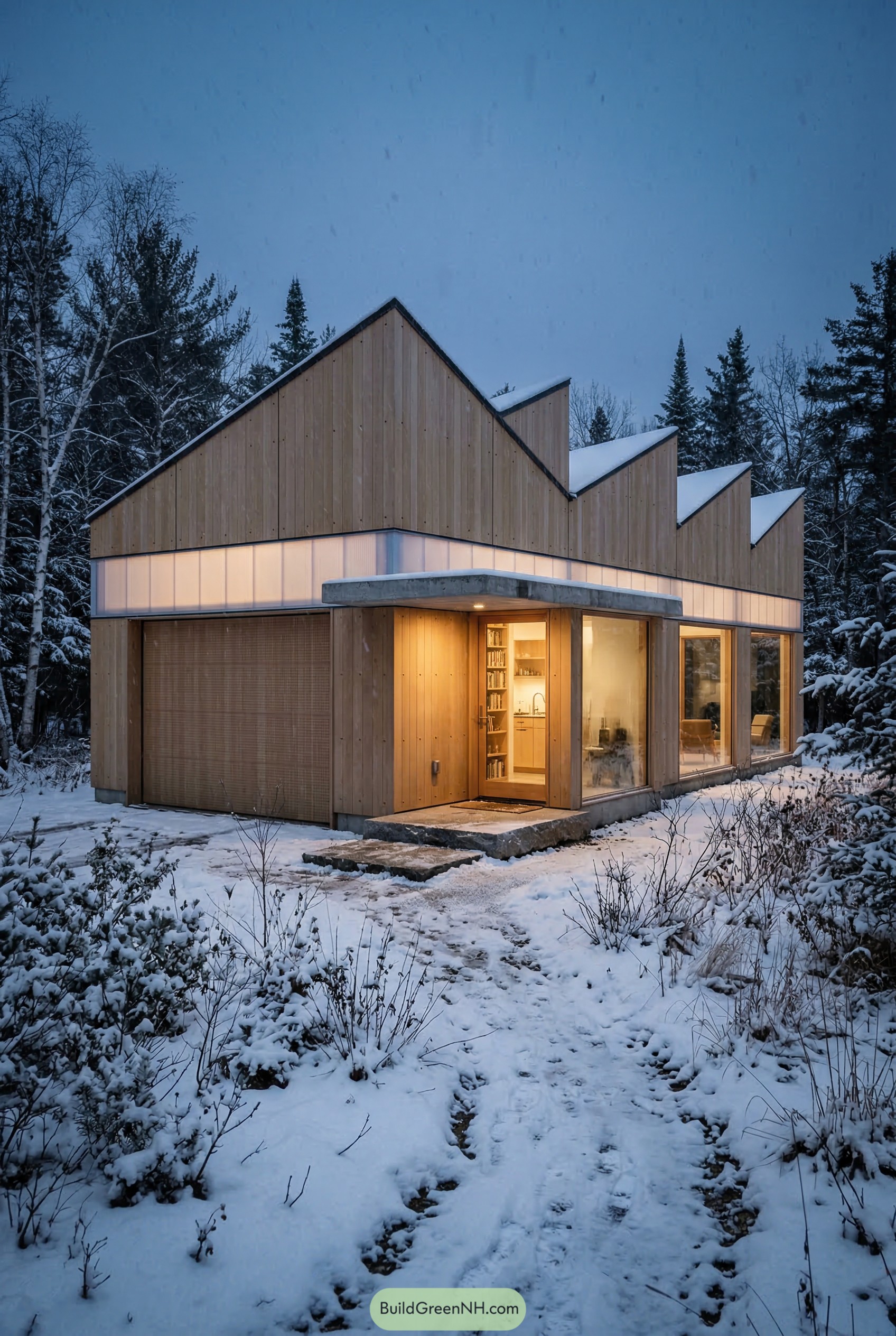Modern wood home with sawtooth roof in snowy woods