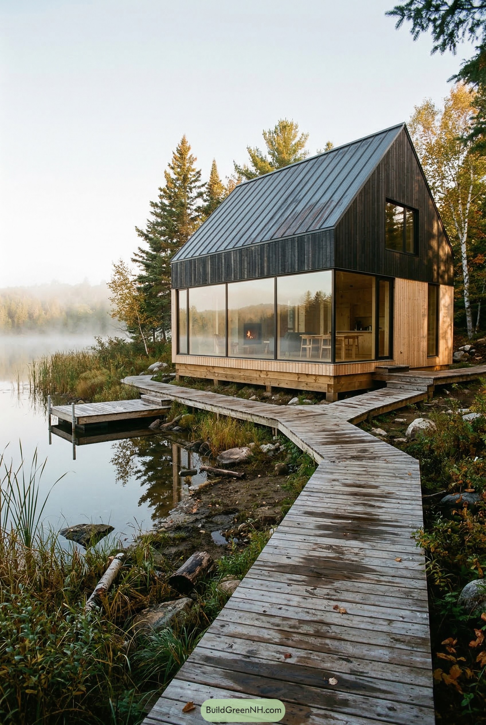 Modern black wood cabin beside a misty lake
