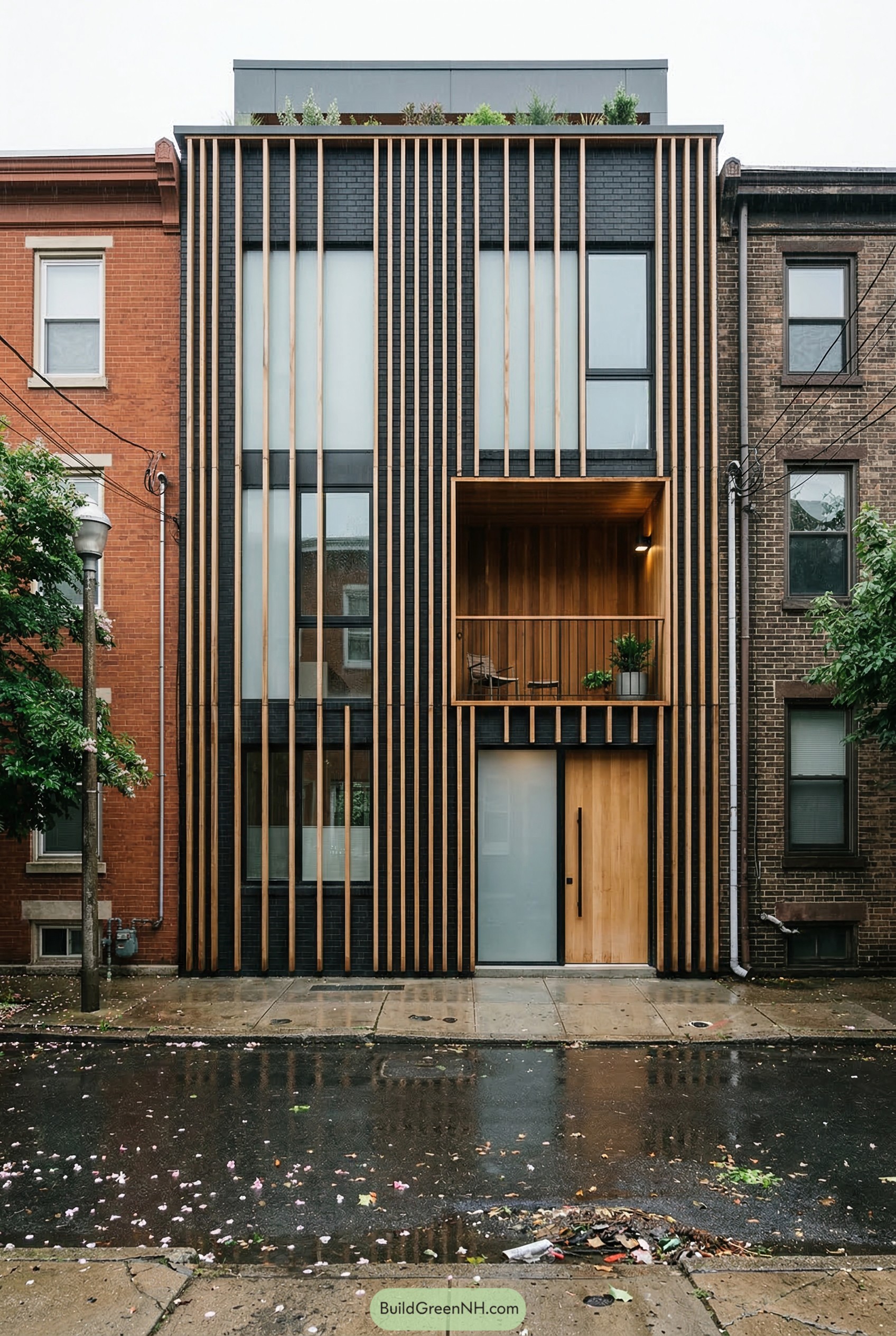 Three story black brick rowhouse with vertical wood slats