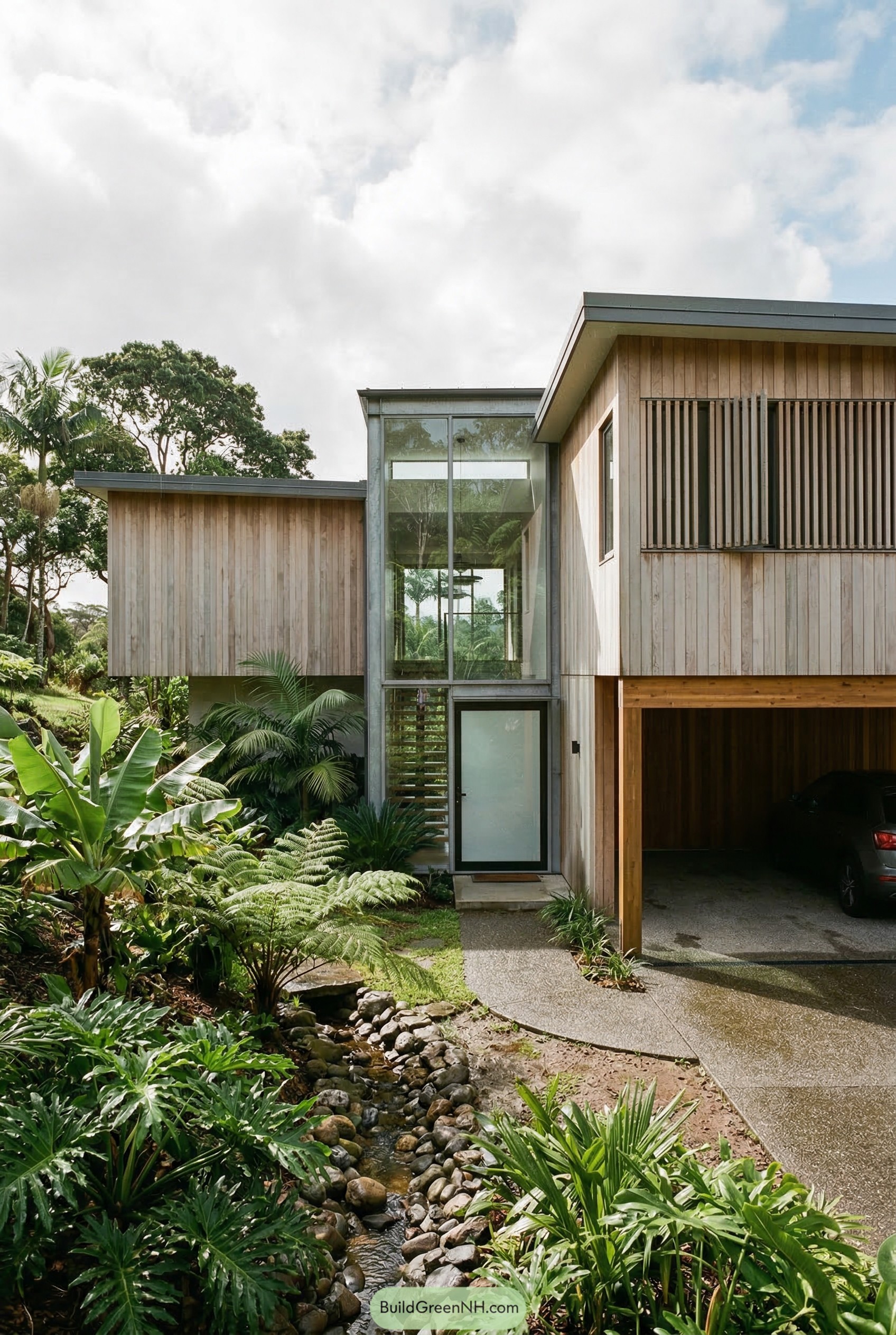 Modern timber house with glass stair tower in lush garden