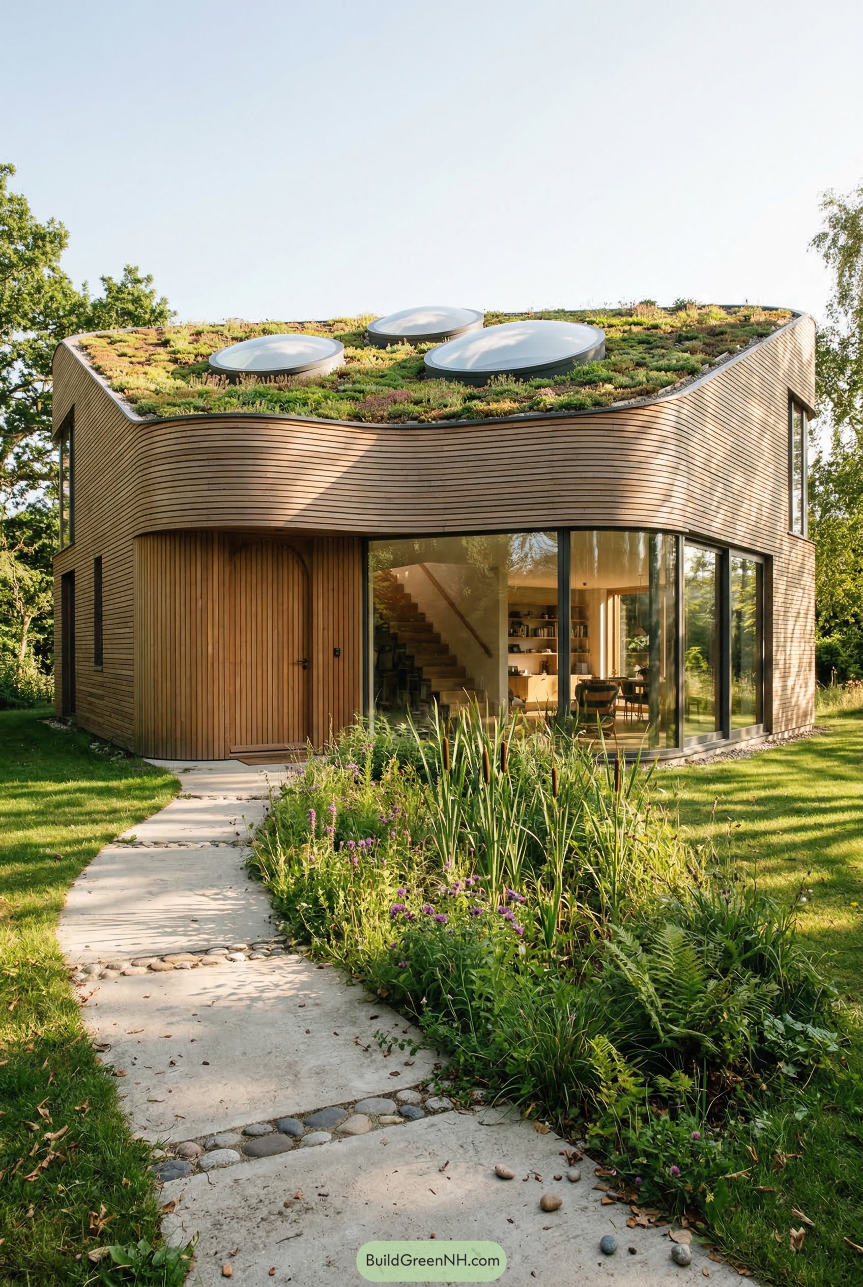 Curved timber house with green roof