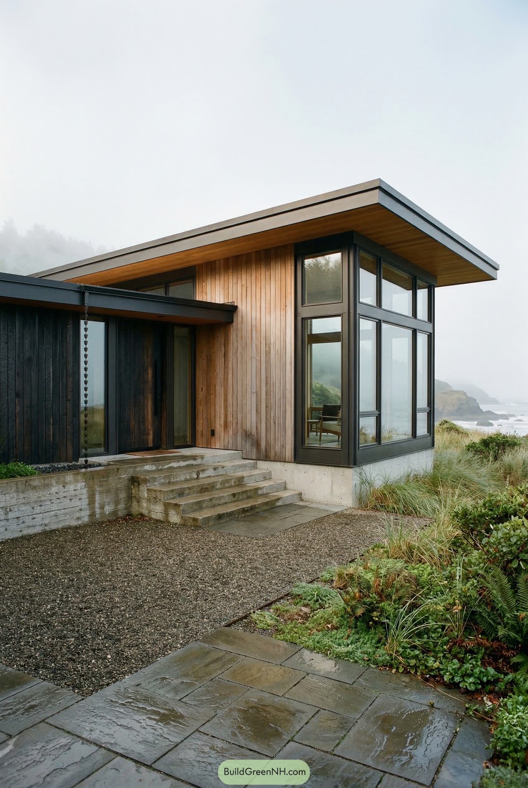 Cedar coastal house with tall corner windows