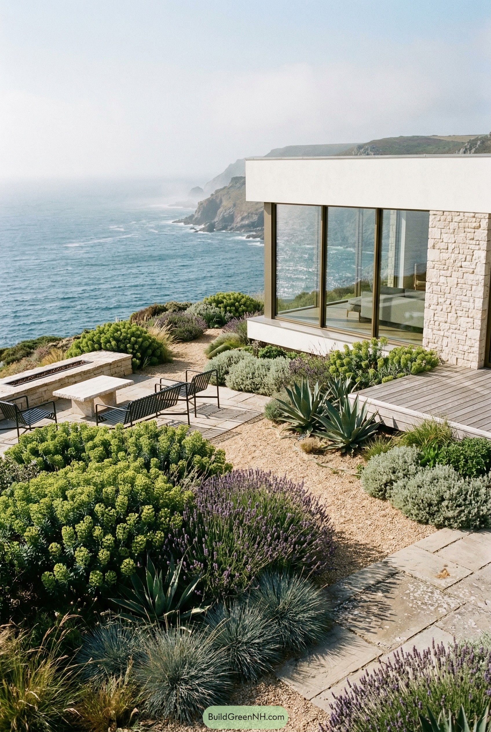 Modern cliffside patio with coastal planting