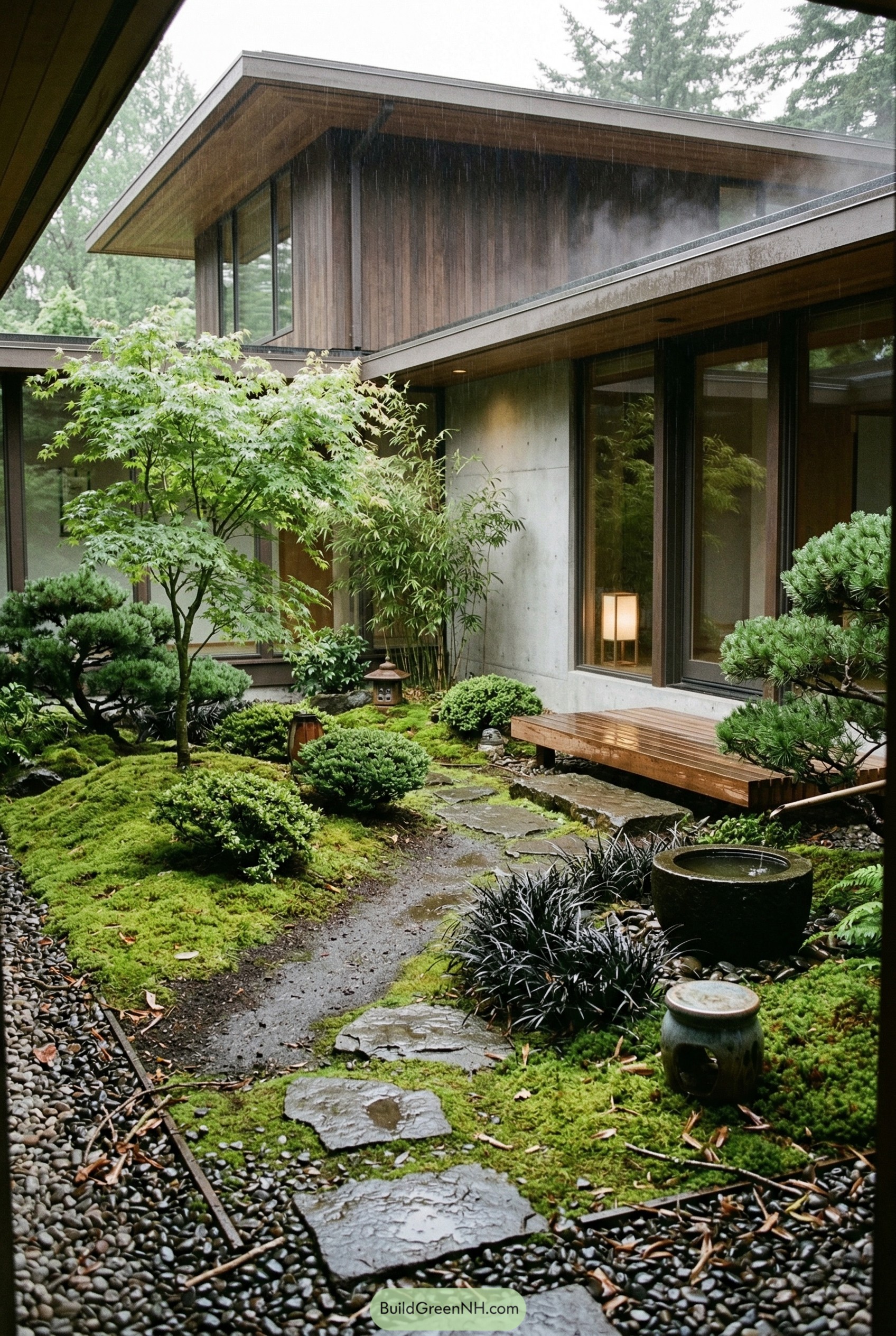 Modern moss courtyard with stone path and lantern