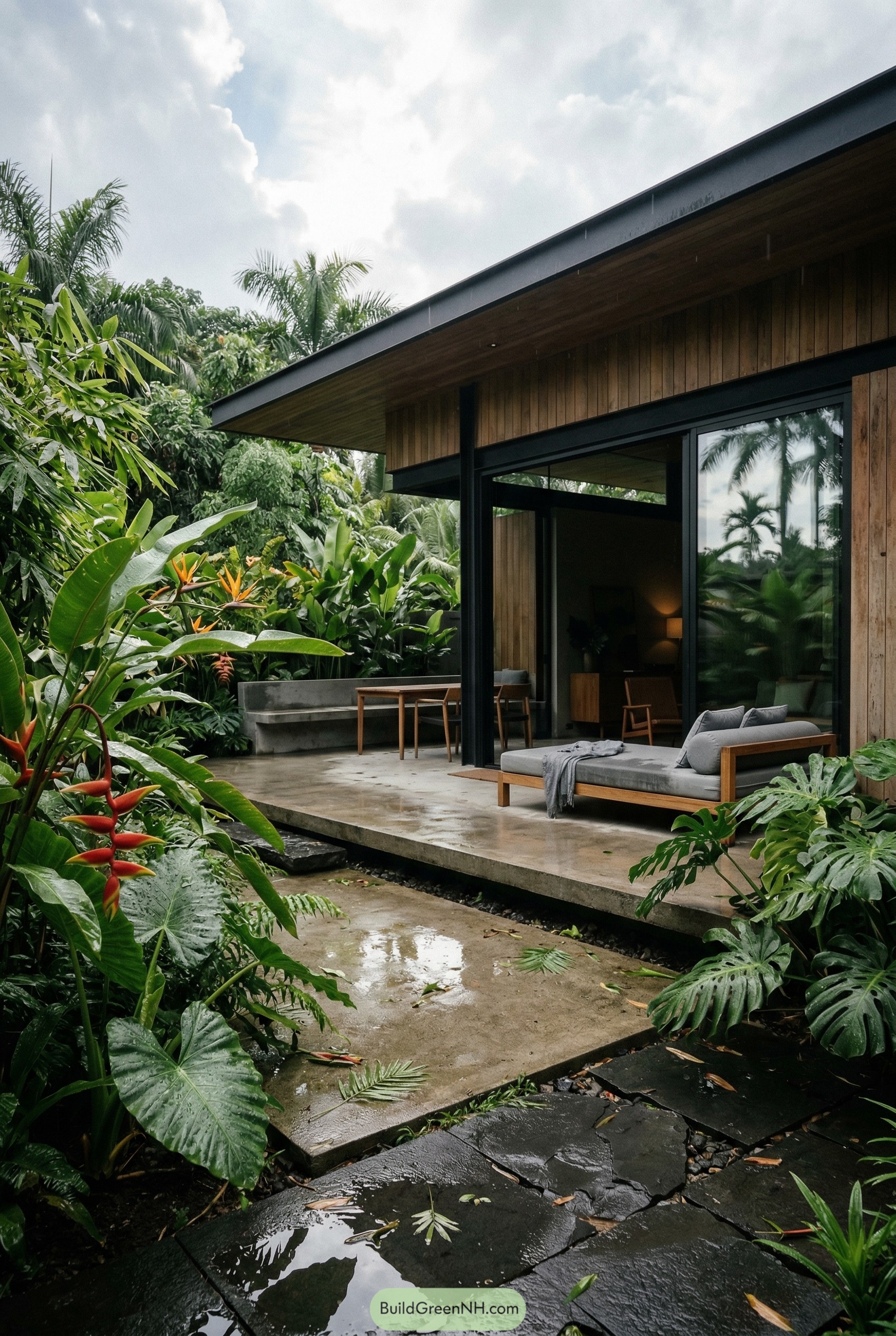 Rainy tropical terrace beside a timber house