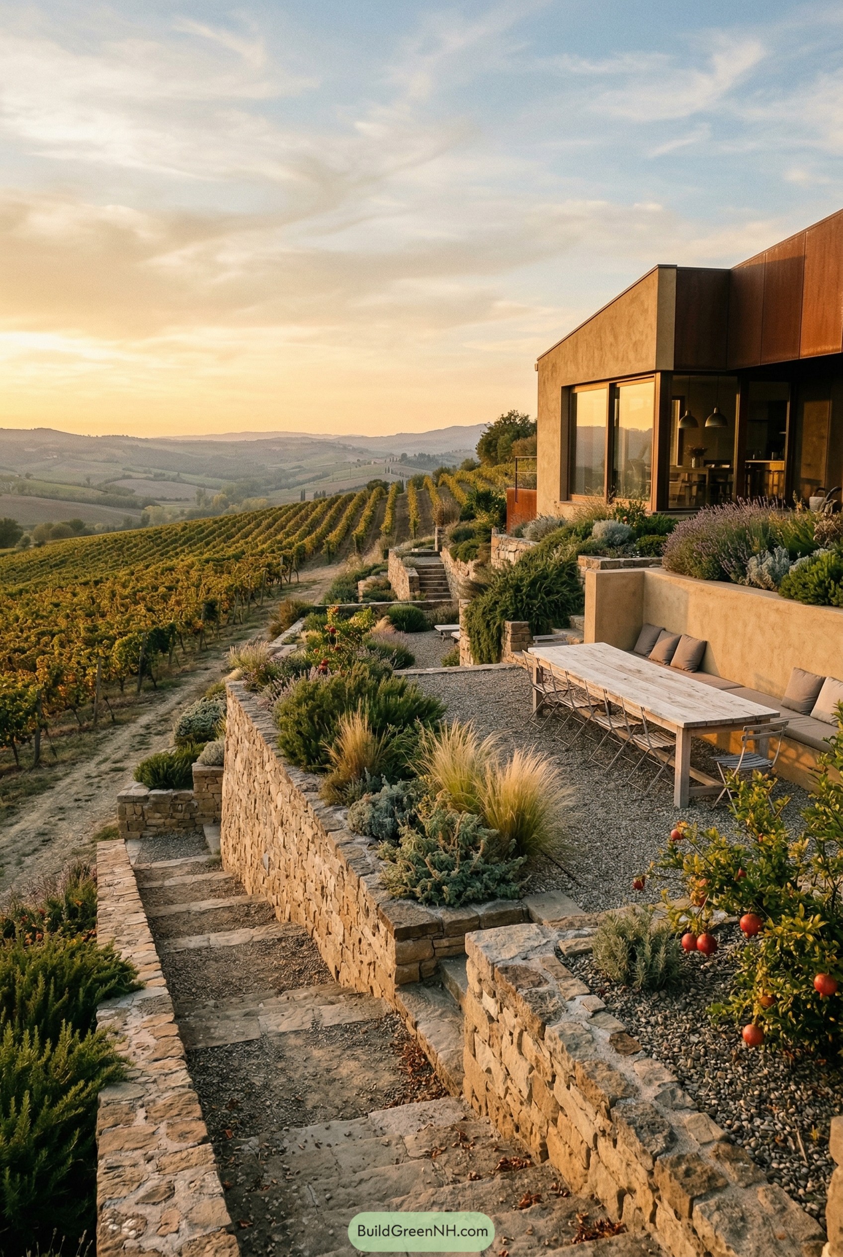 Terraced stone garden beside a vineyard home