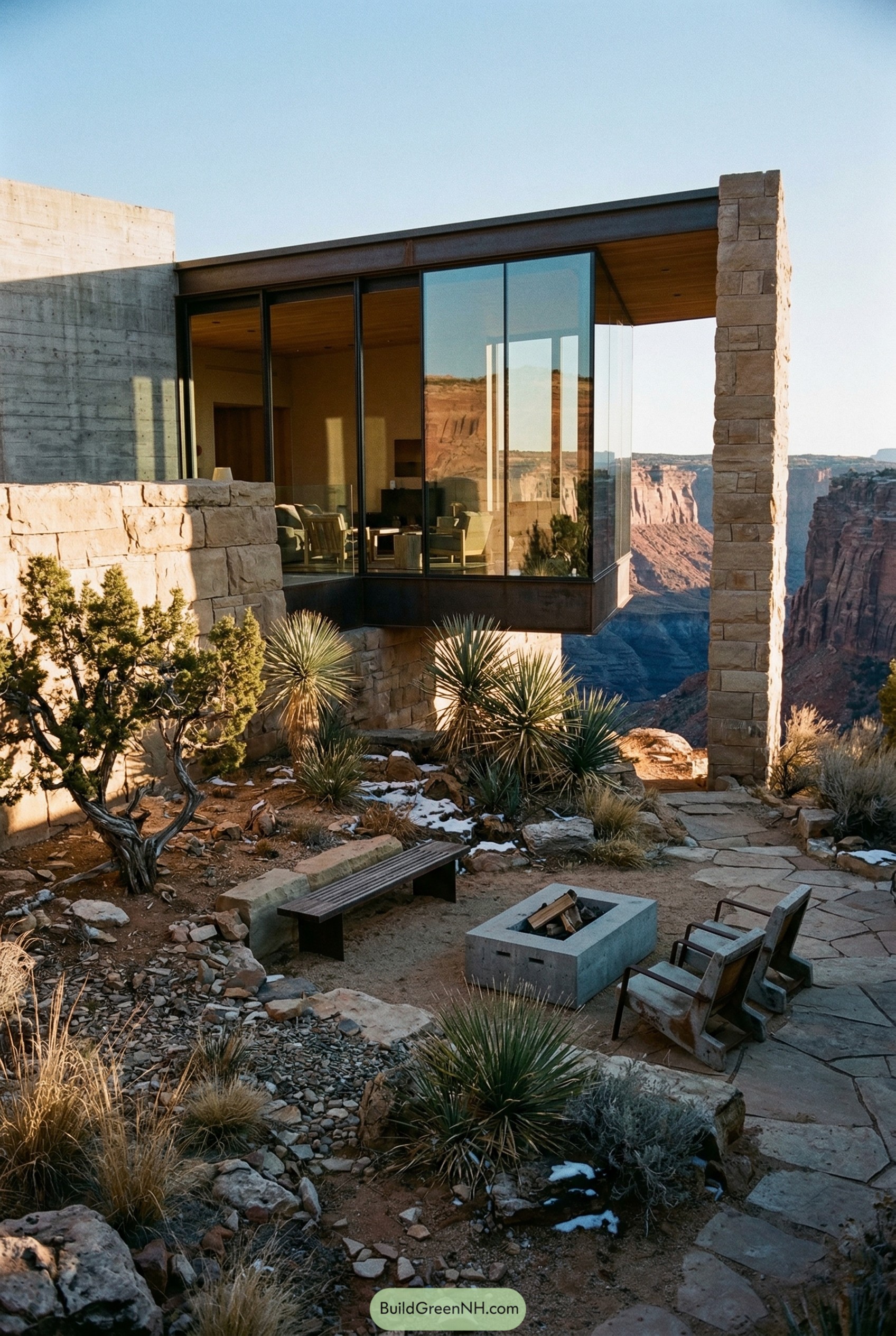 Desert courtyard with fire pit beside a canyon home