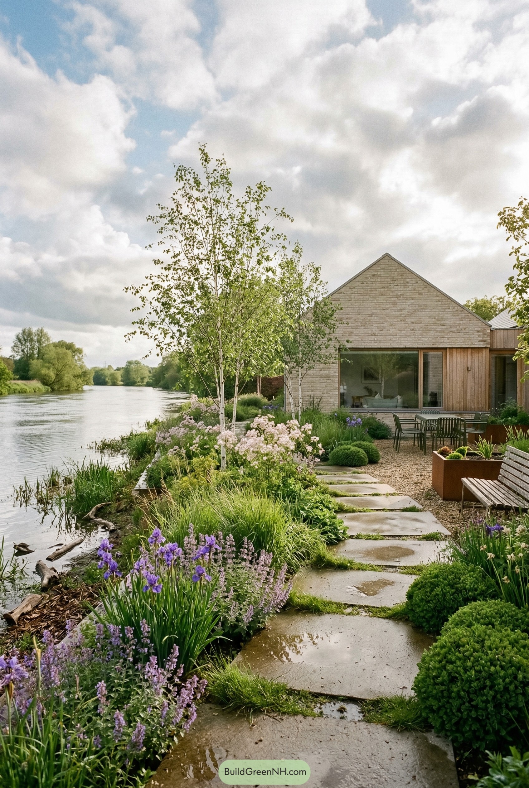 Riverside garden with stone path and patio seating