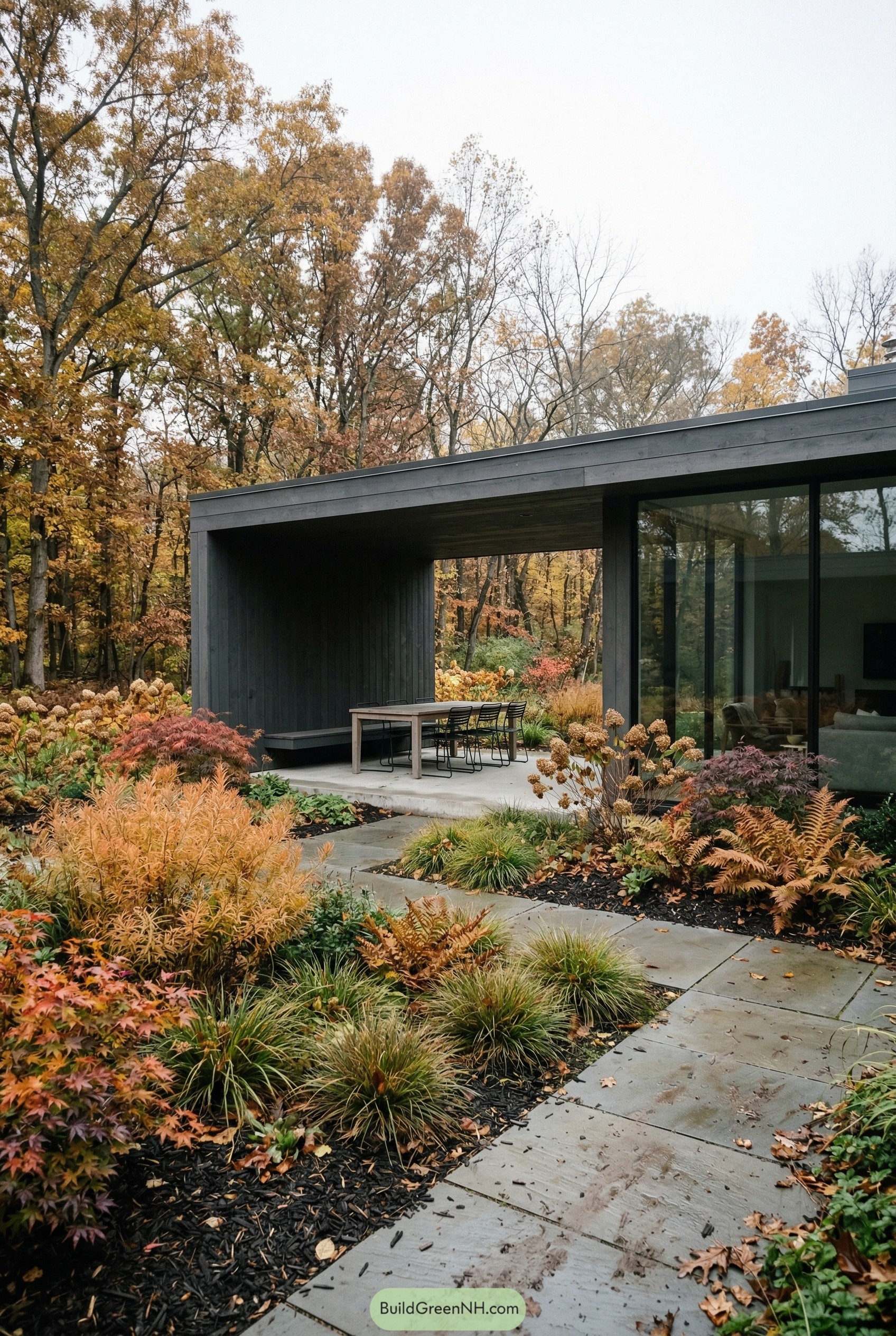 Modern woodland patio with stone path and autumn planting