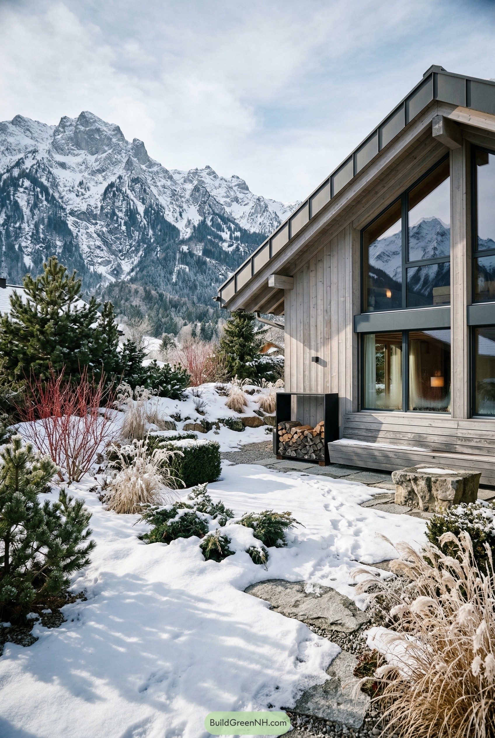 Snowy alpine home with stone path and evergreen planting