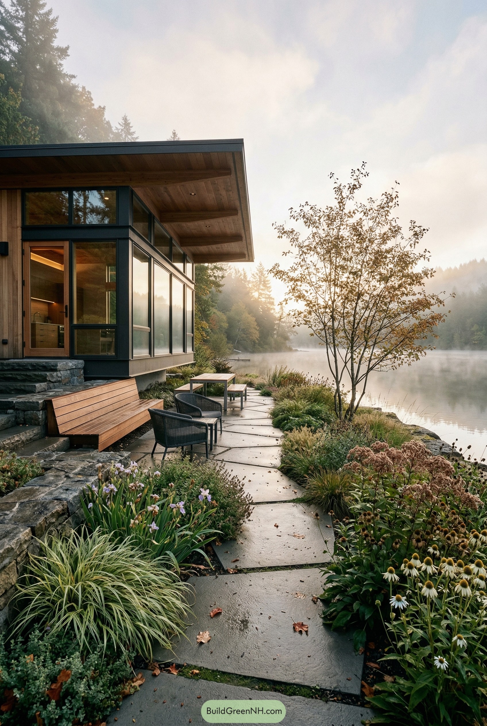 Modern lakeside patio with stone path and plantings