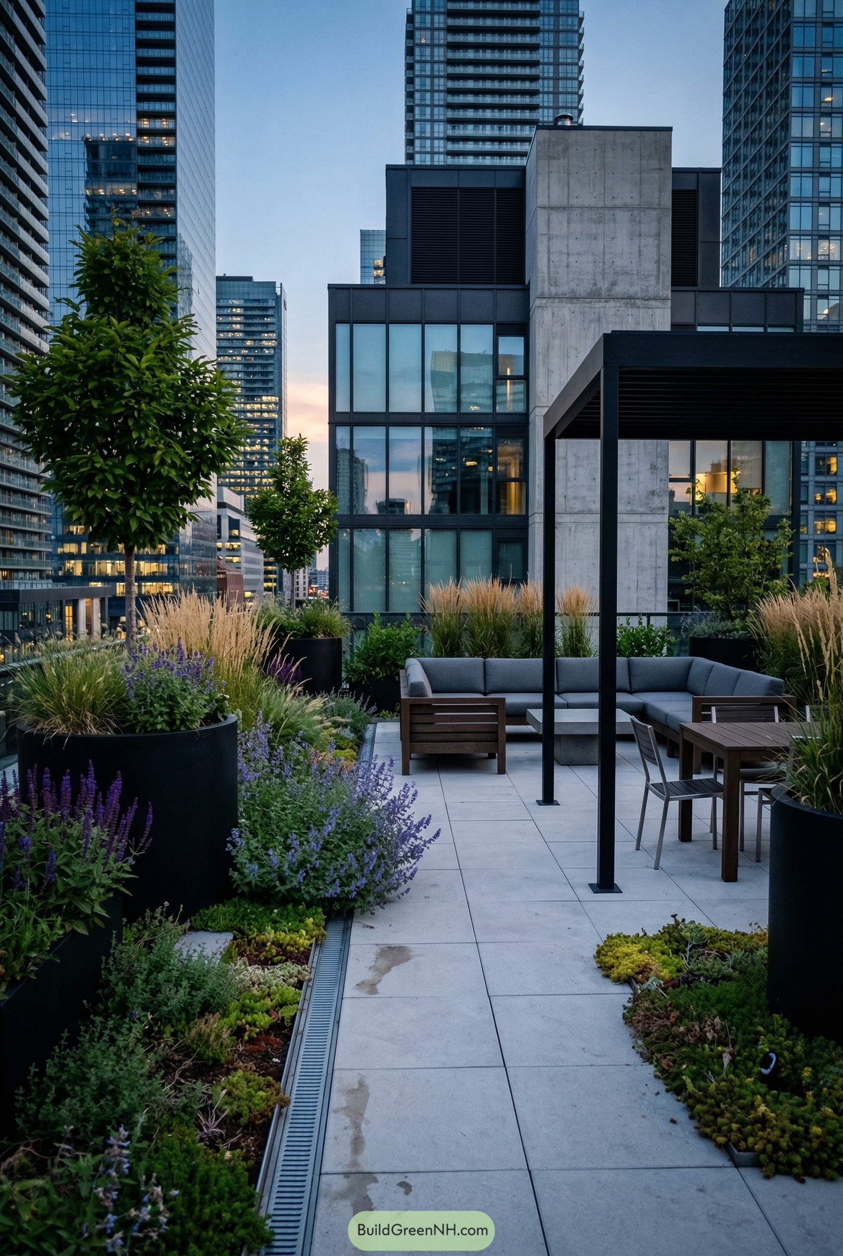 Rooftop terrace with pergola lounge and planted borders