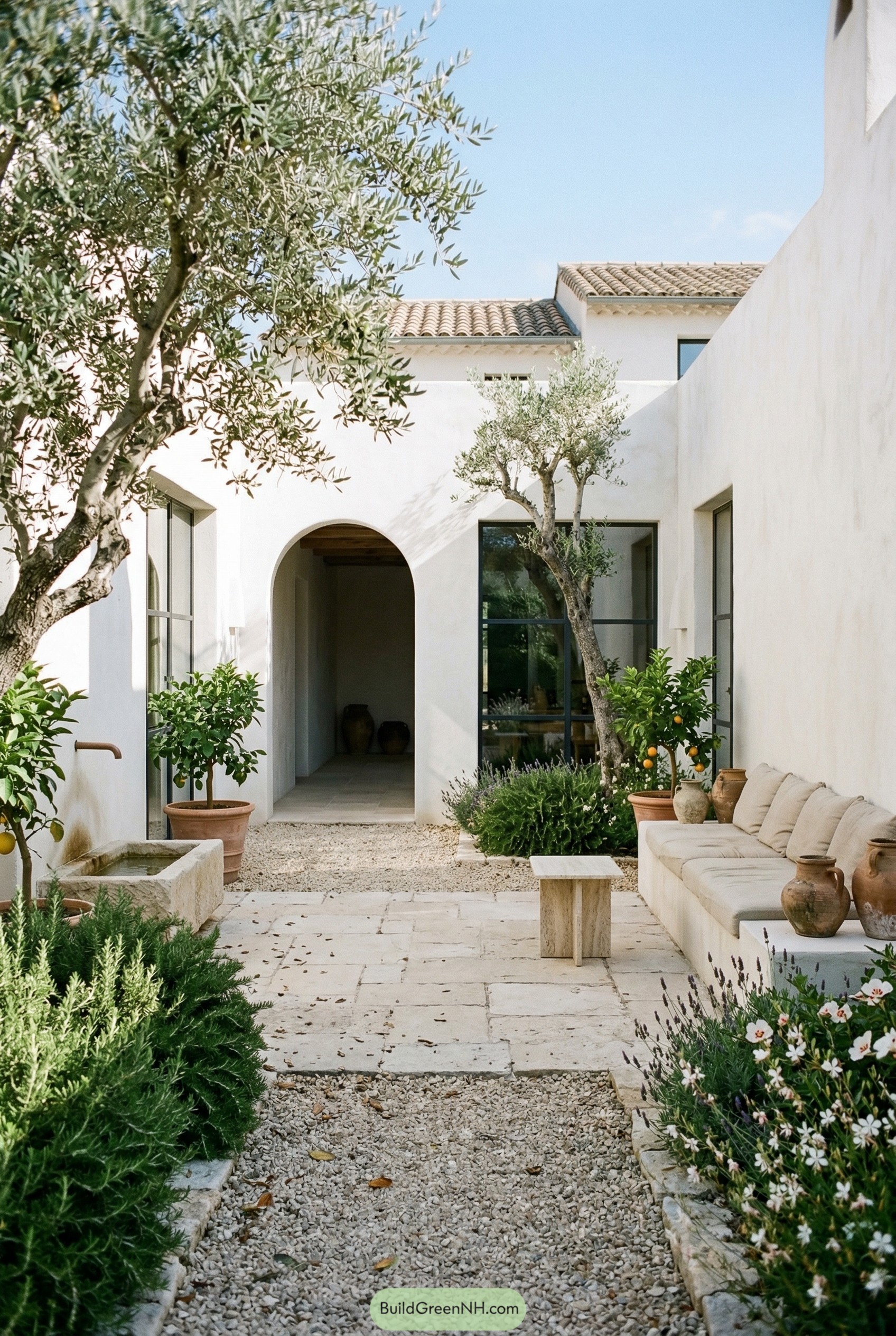 Mediterranean courtyard with olive trees and bench