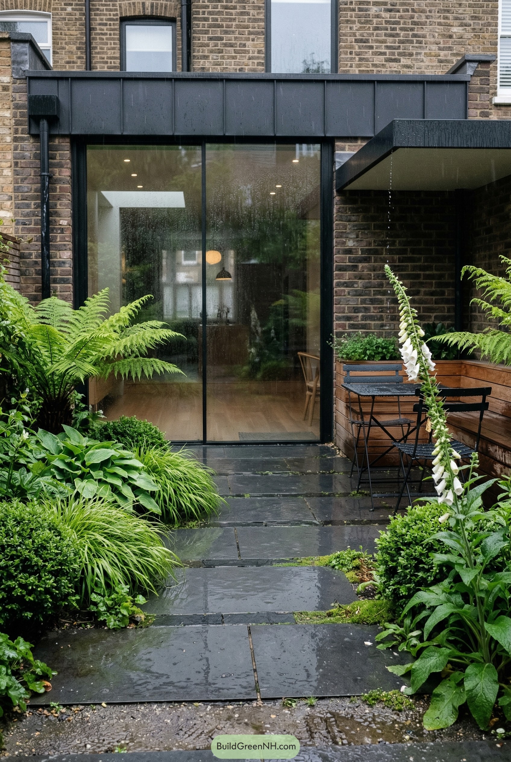 Small urban courtyard with slate path and lush ferns