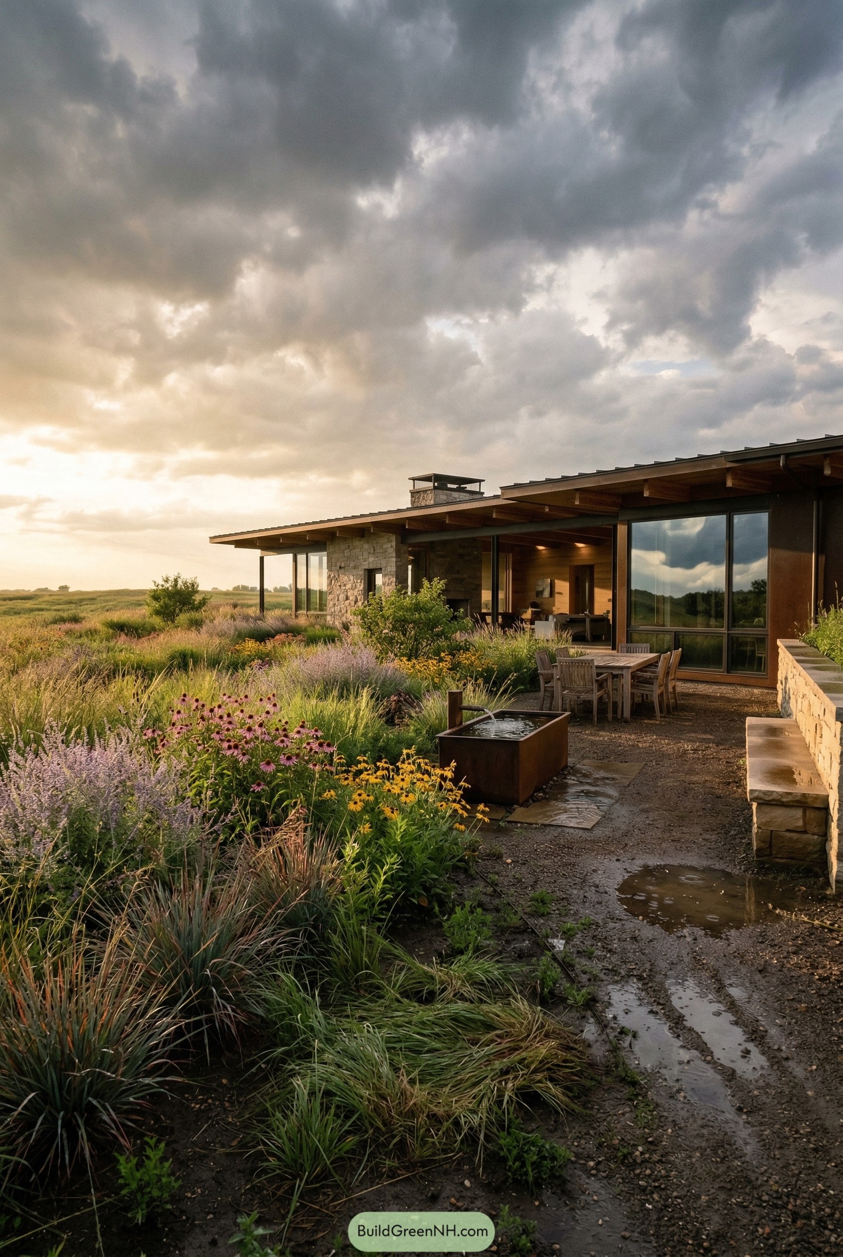 Modern prairie patio with meadow plantings