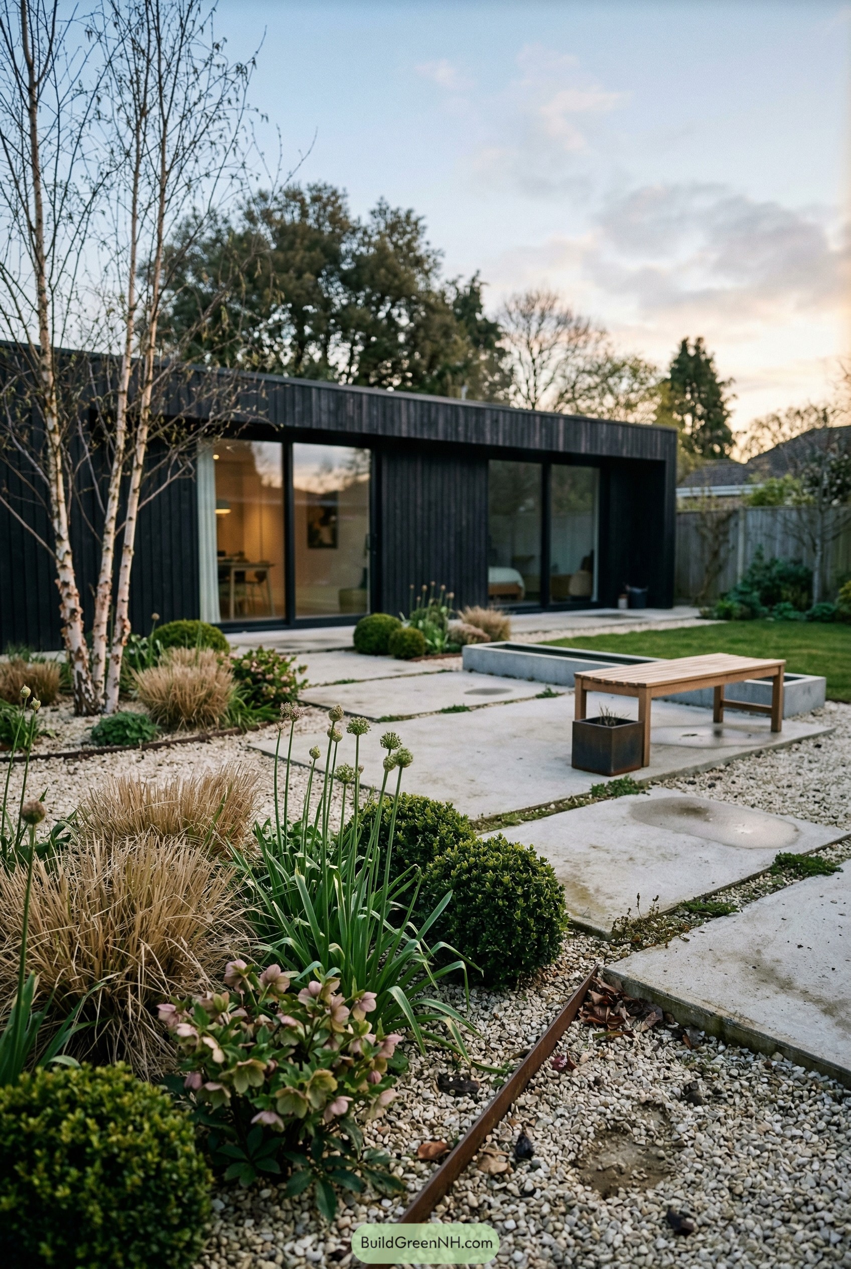 Modern gravel garden with concrete pavers and bench