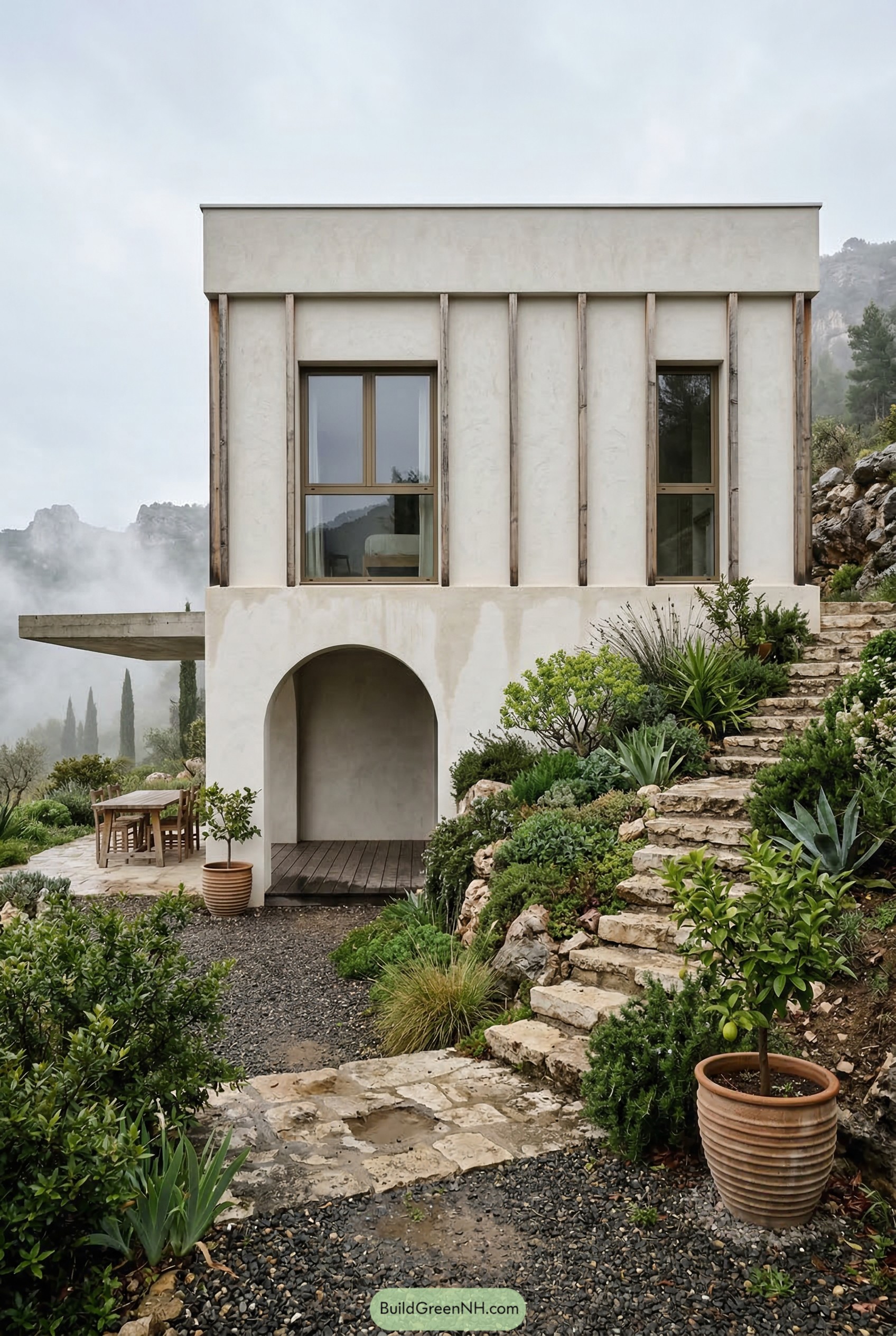 Stone stair garden with succulents beside a plaster villa
