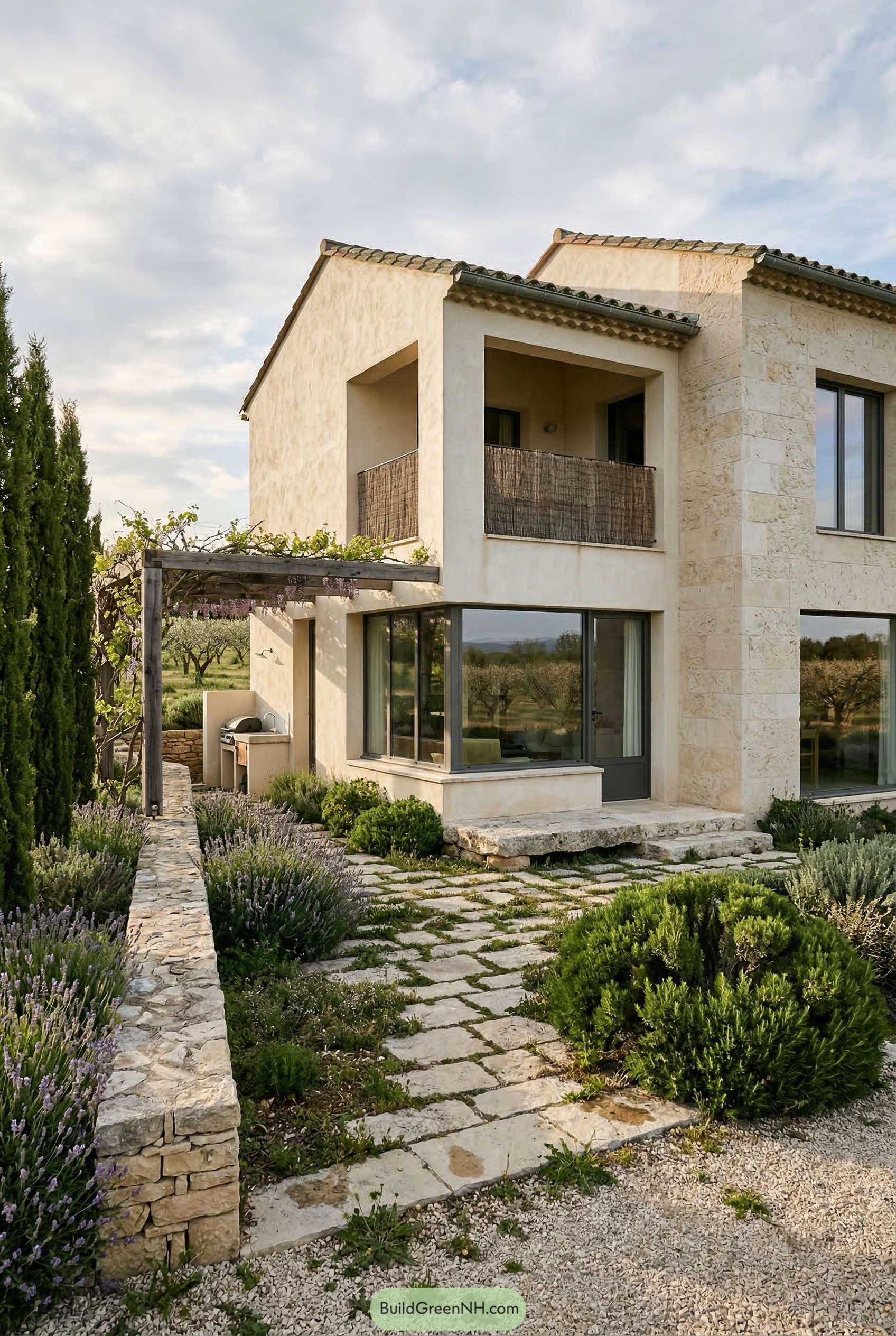 Stone path with lavender borders and a vine pergola beside a stucco villa