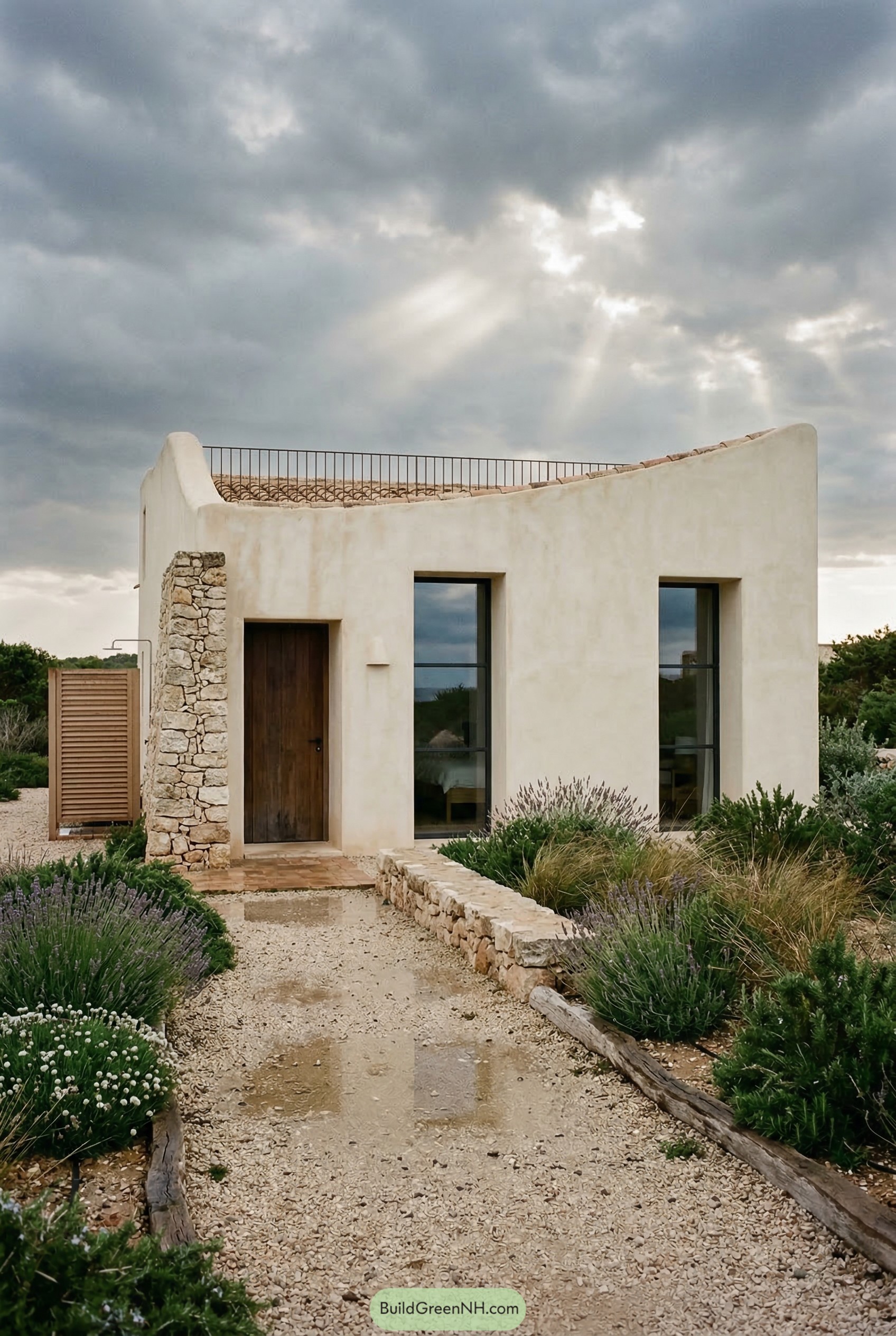 Curved stucco entry with gravel path lavender and stone edging