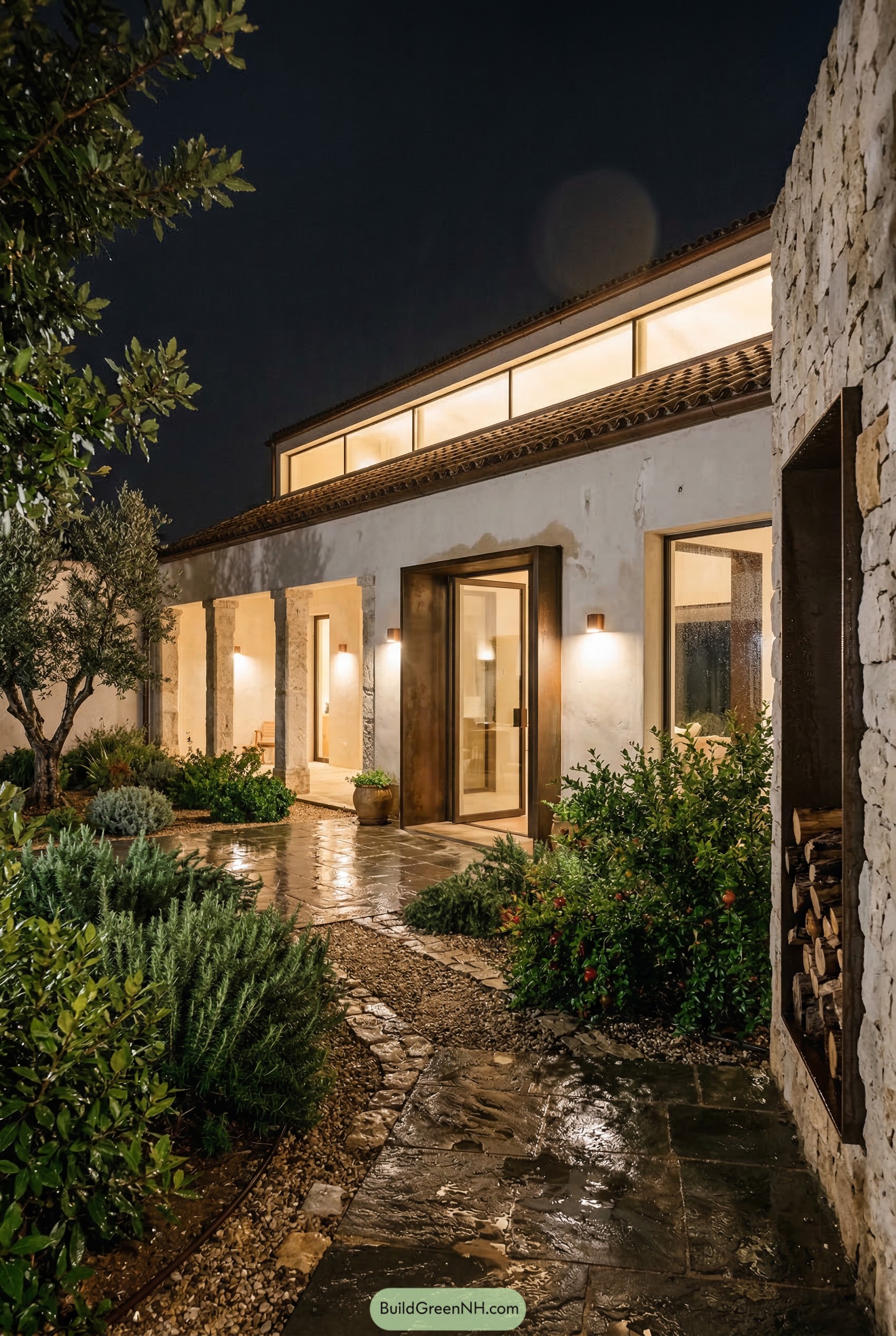 Night courtyard with wet stone paving olive tree and gravel planting