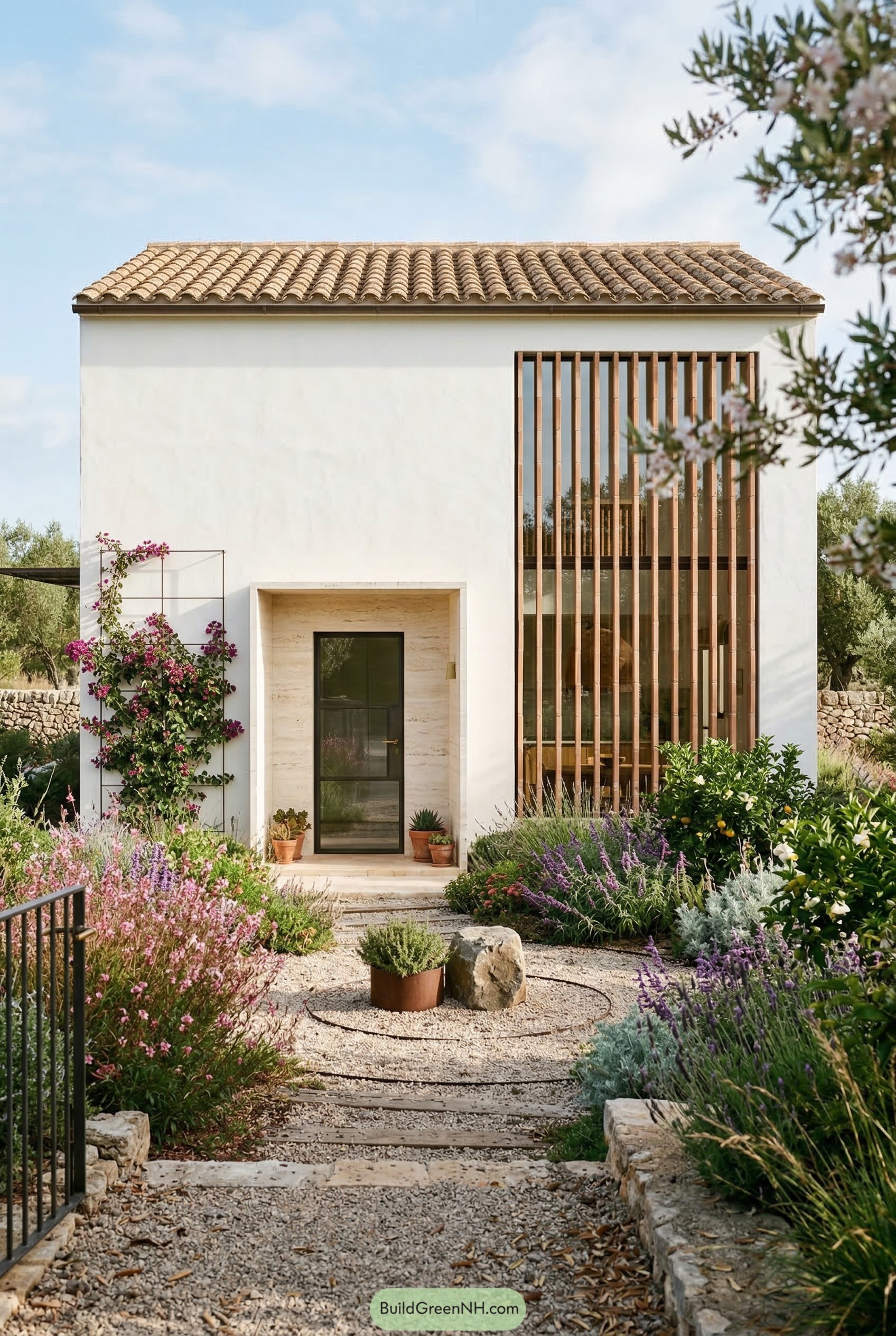 Gravel path through lavender to a white stucco house with a wood screen window