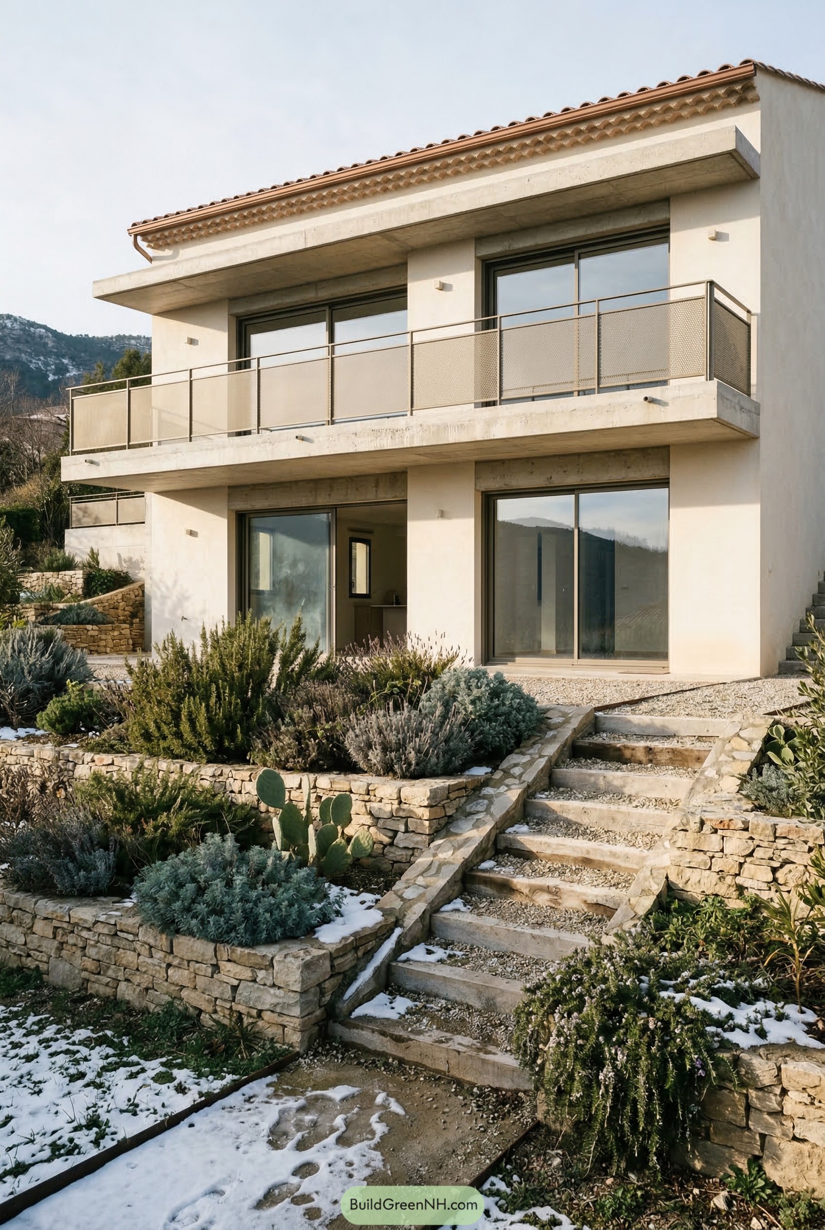 Terraced stone steps with rosemary lavender and gravel beds
