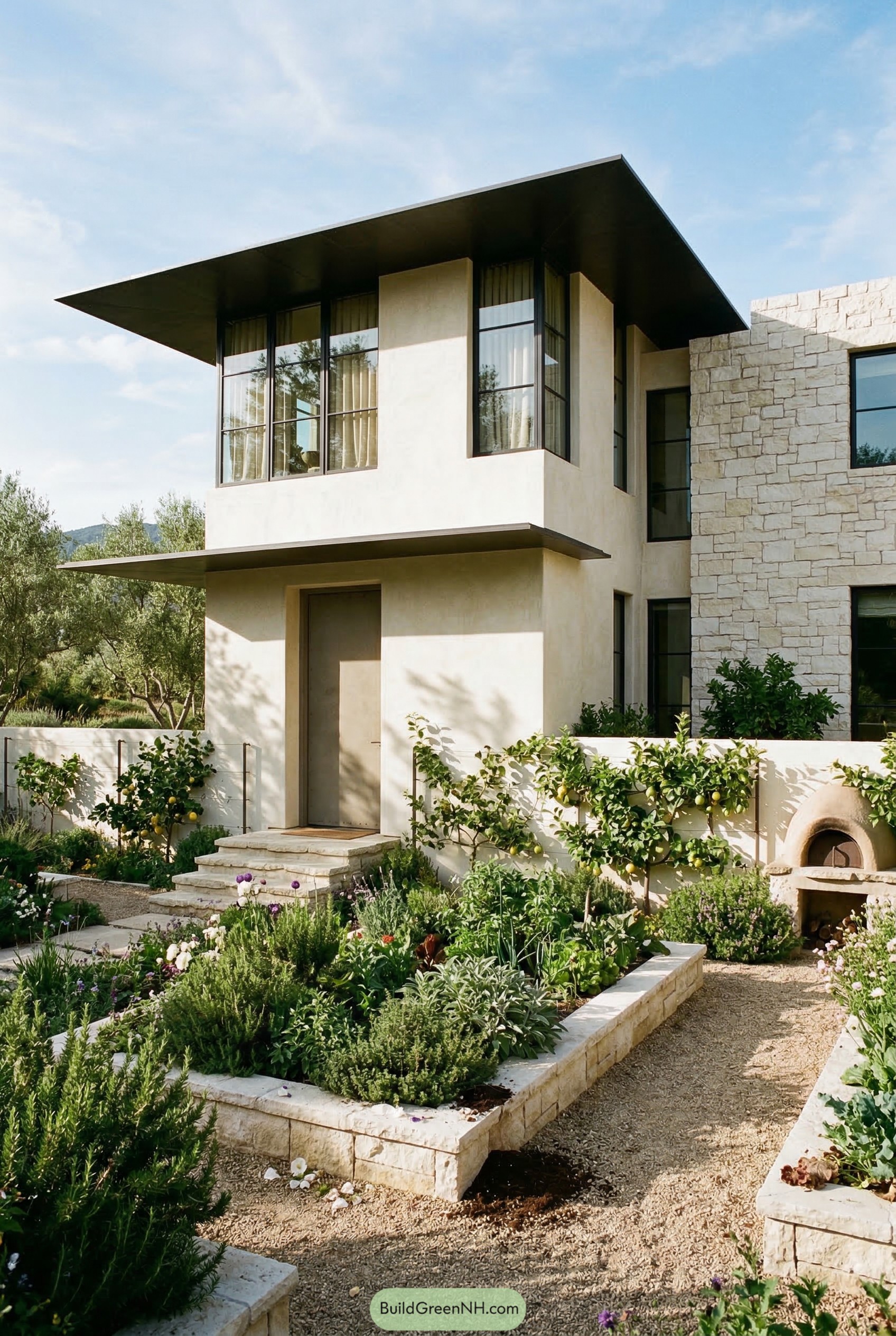 Raised herb beds and espaliered citrus beside a modern stucco home