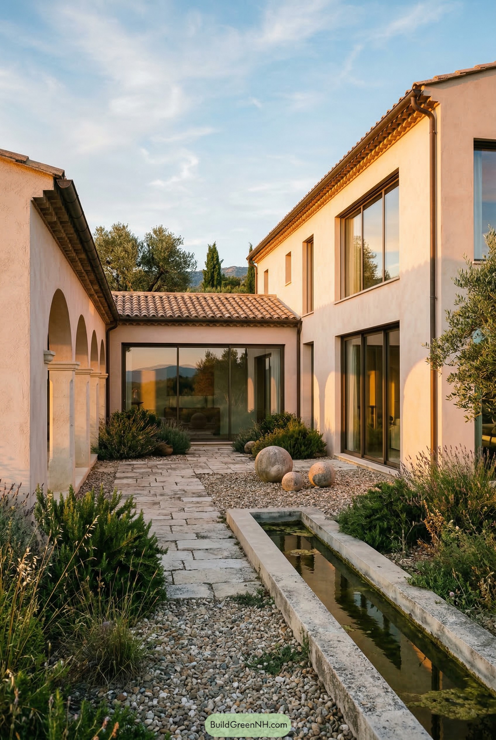 Mediterranean courtyard with arches and narrow rill
