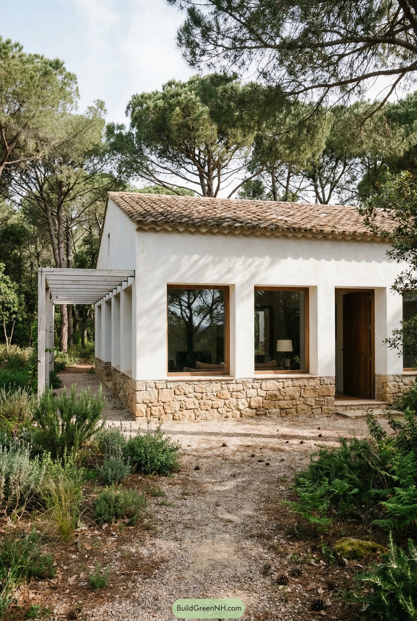 Gravel path and herb planting beside a white stucco cottage in pines