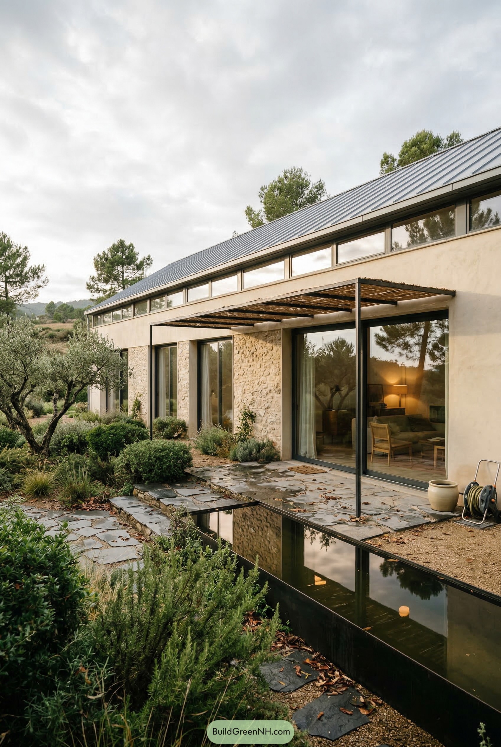 Mediterranean garden with olive tree and reflecting pool