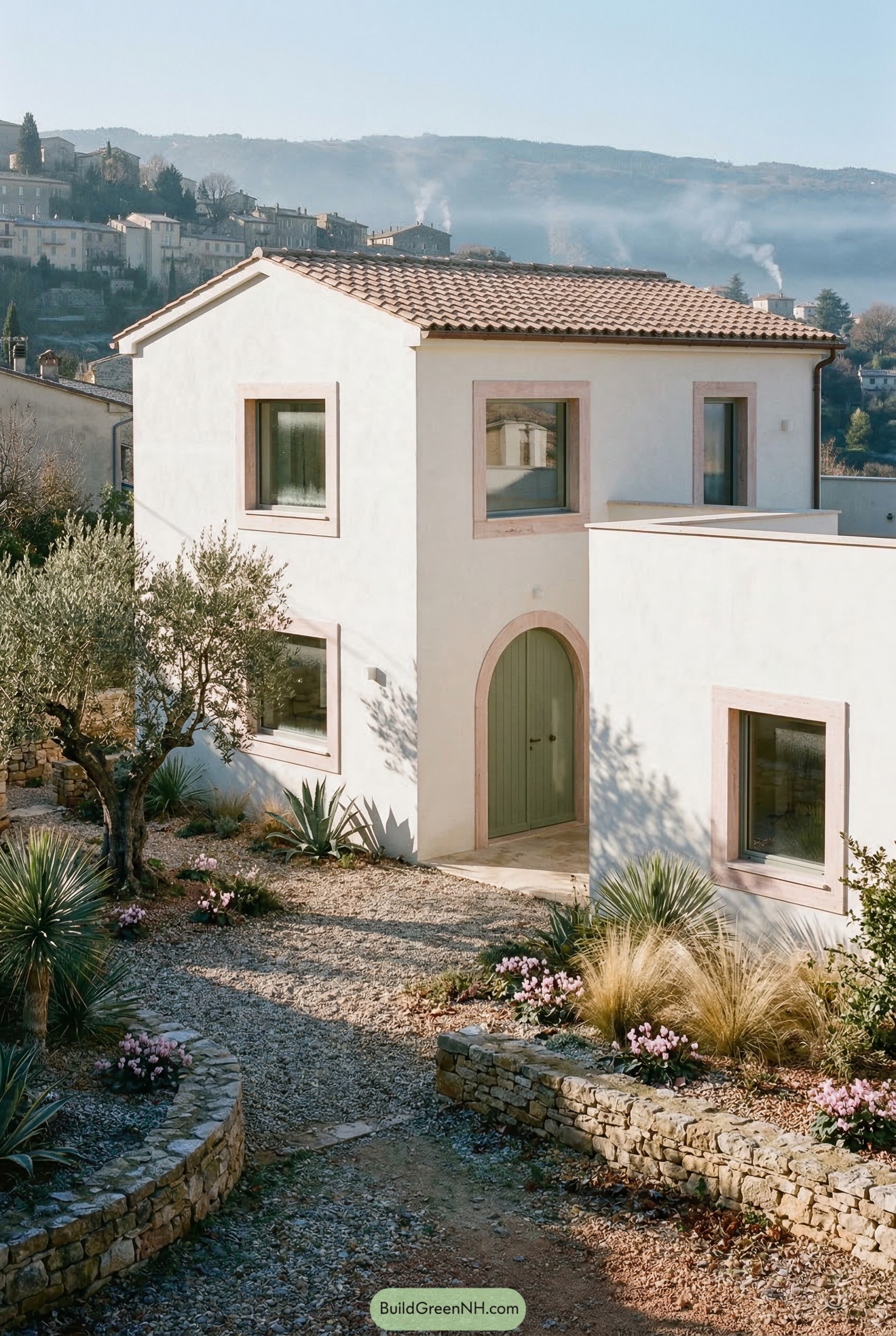 Gravel dry garden with olive tree and arched green door