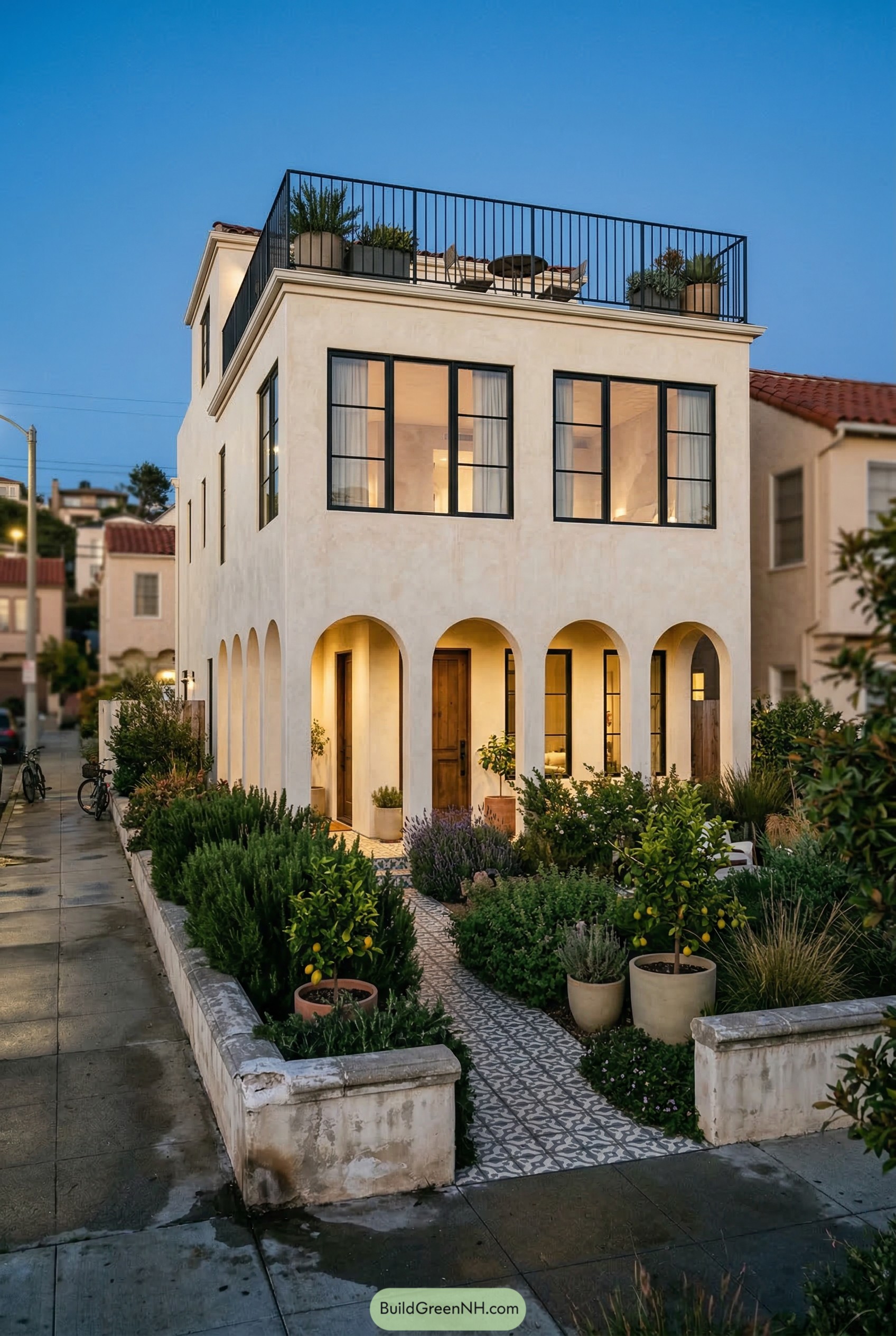 Arched stucco entry garden with tiled path and citrus pots