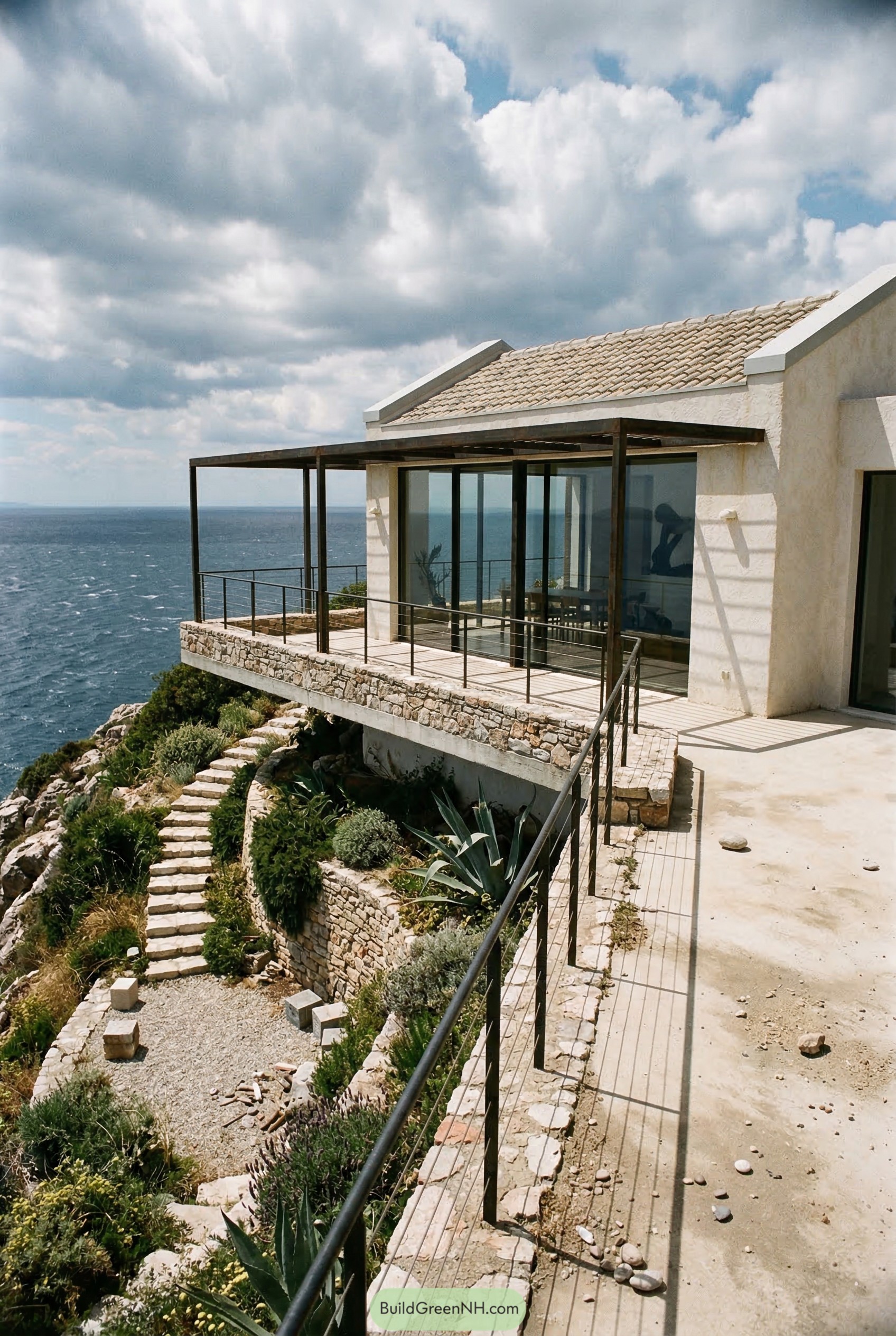 Cliffside terrace with stone steps and succulents