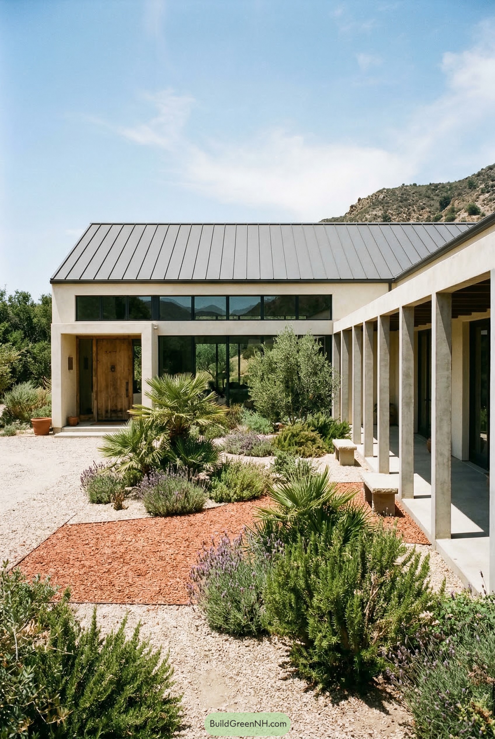 Modern stucco courtyard with gravel olives and palms