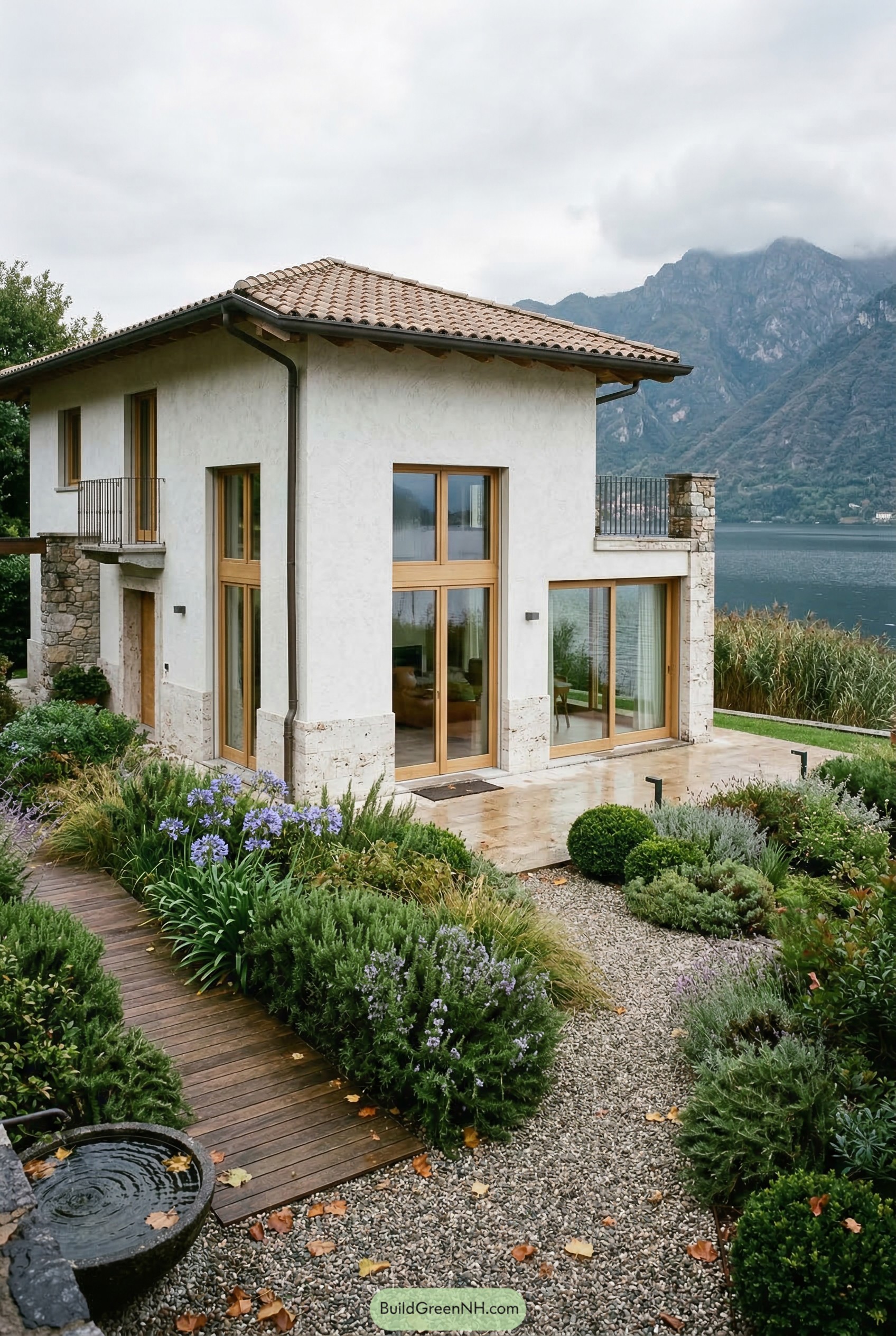 Lakefront gravel garden with lavender and timber path