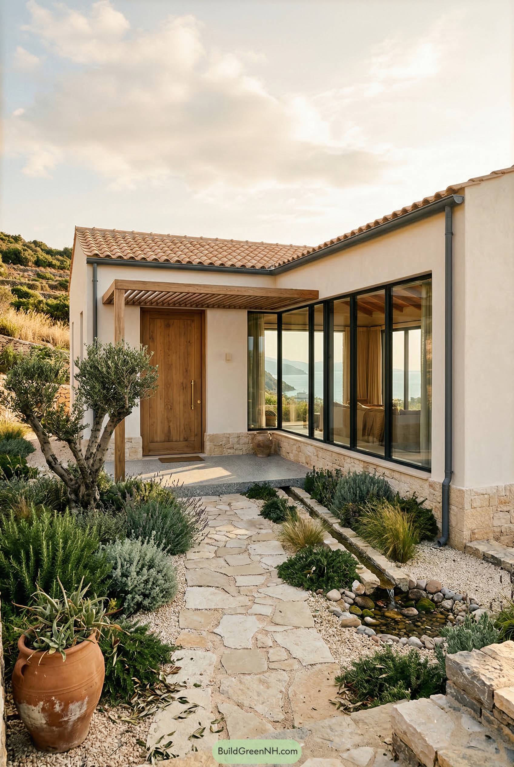 Stone path with olive tree and gravel garden