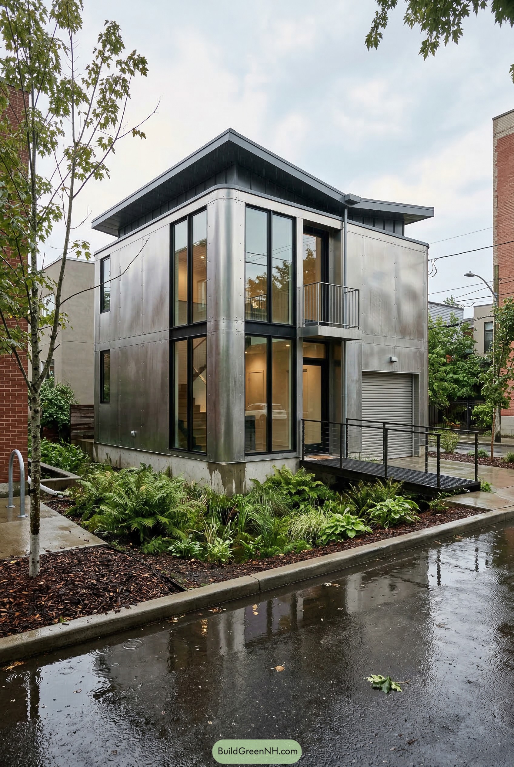 Two story metal clad house with tall corner windows