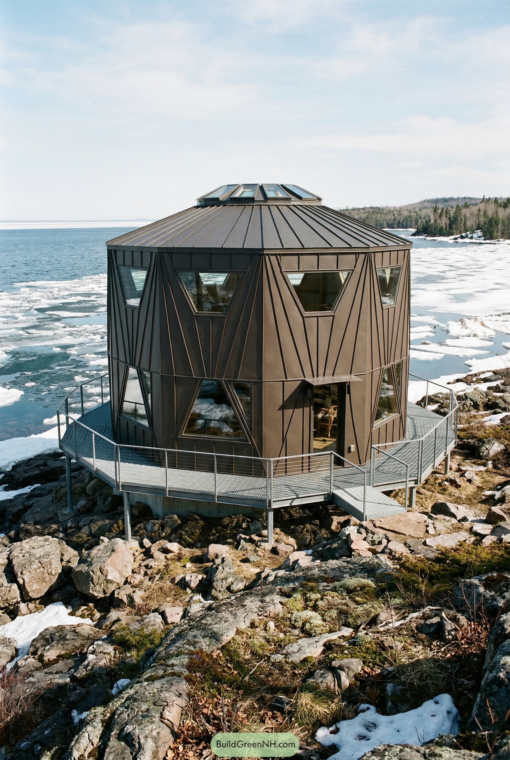 Faceted dark metal cabin on an icy shore