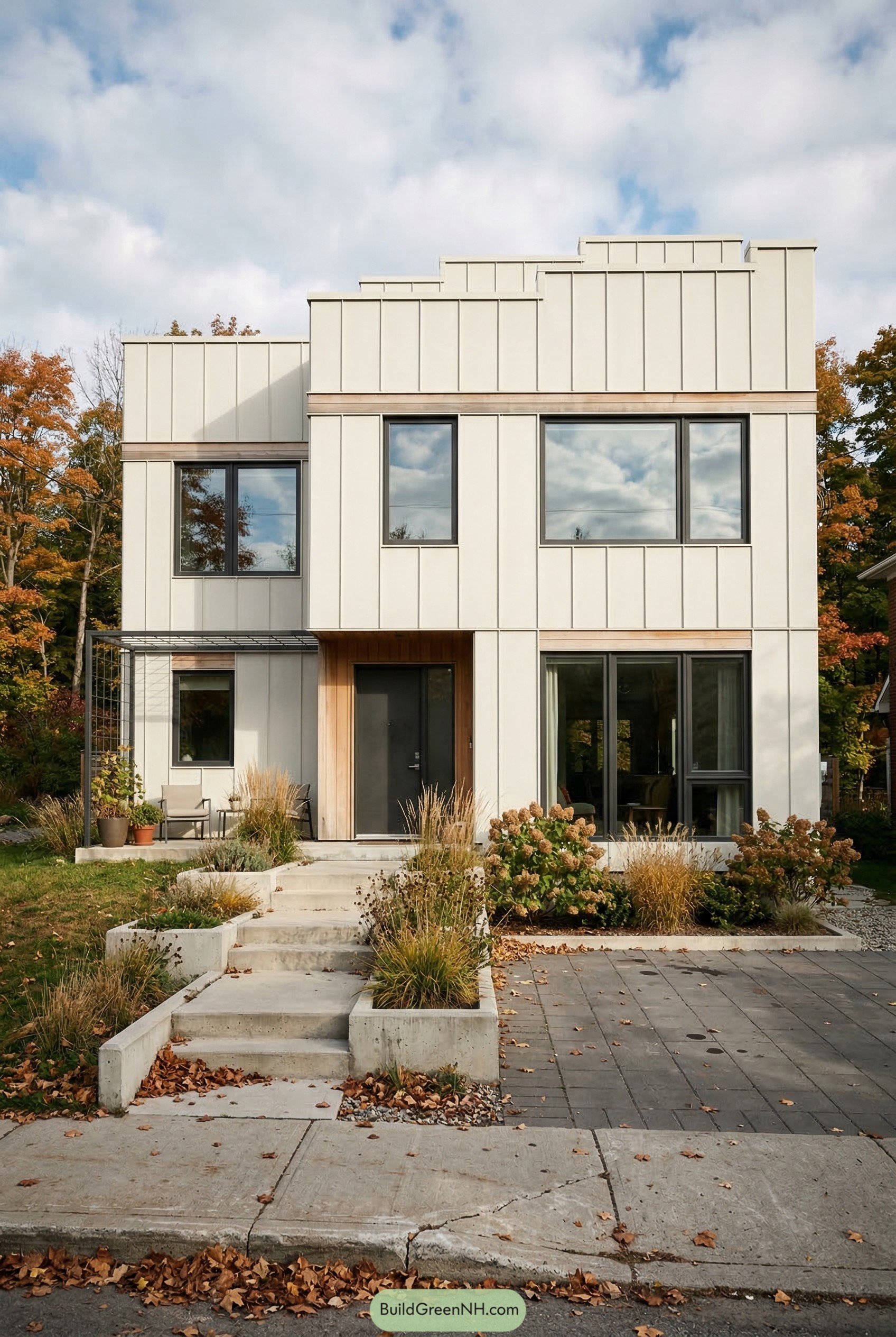 White metal clad modern house with stepped roofline