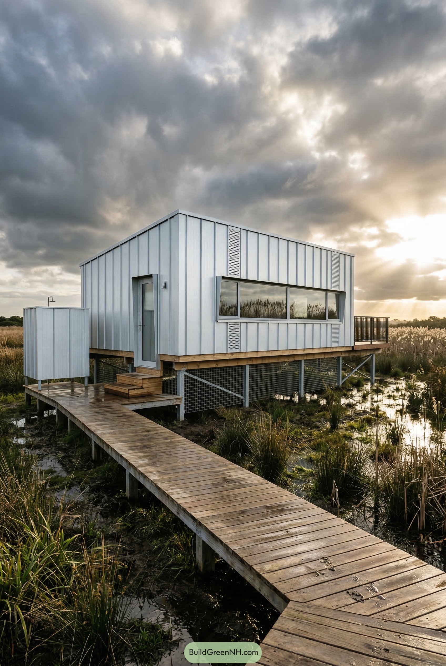 White metal stilt house above marsh