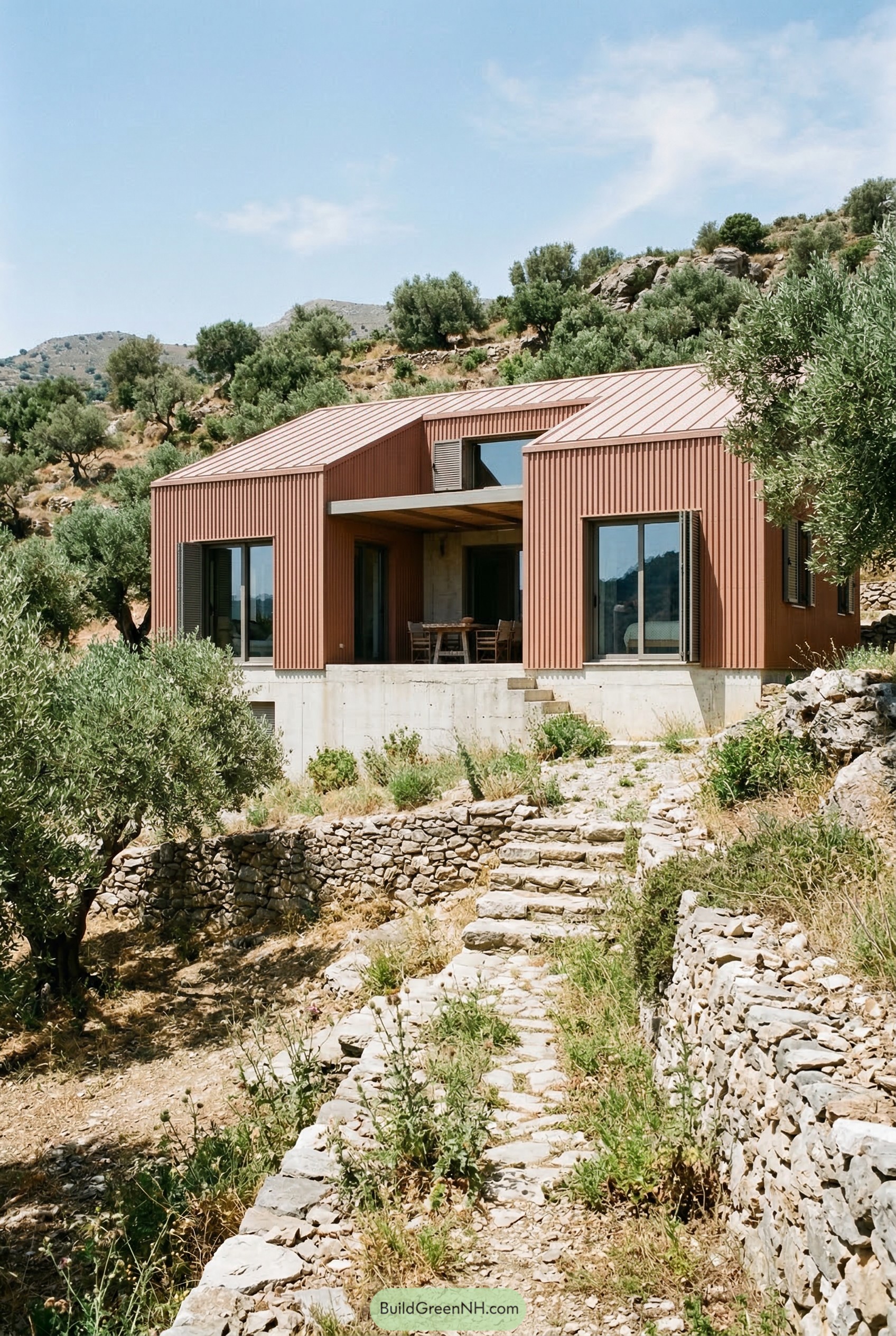 Rust colored metal house on a rocky olive hillside