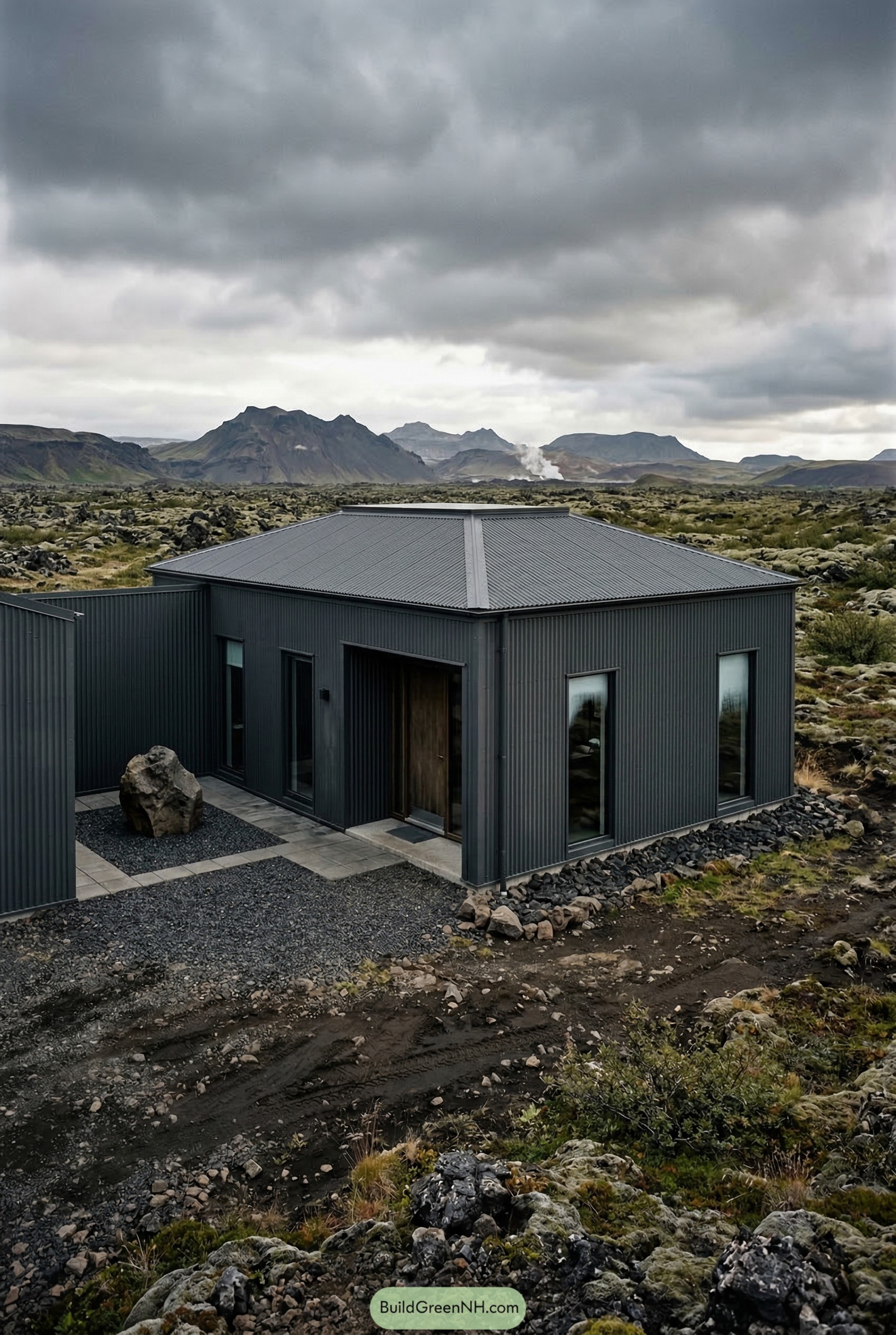 Dark metal house with courtyard in lava field
