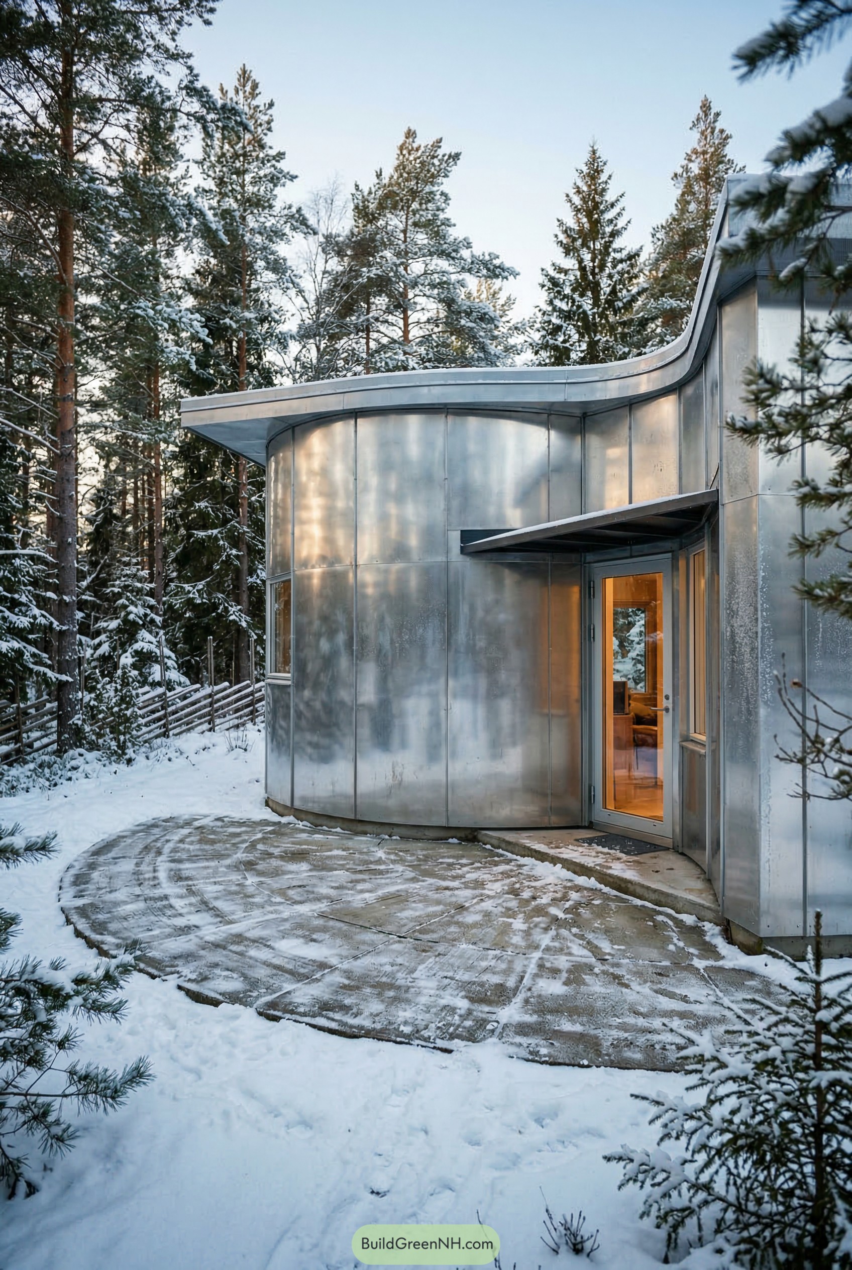 Curved metal house in a snowy pine forest