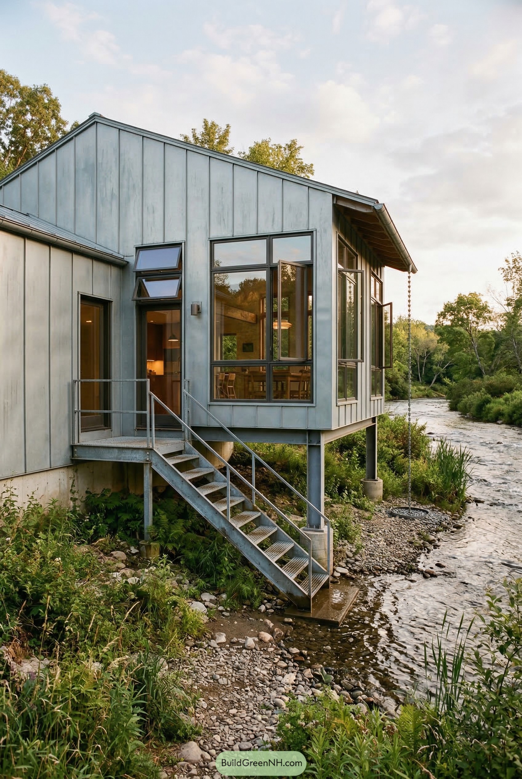 Metal creekside house on piers with large windows