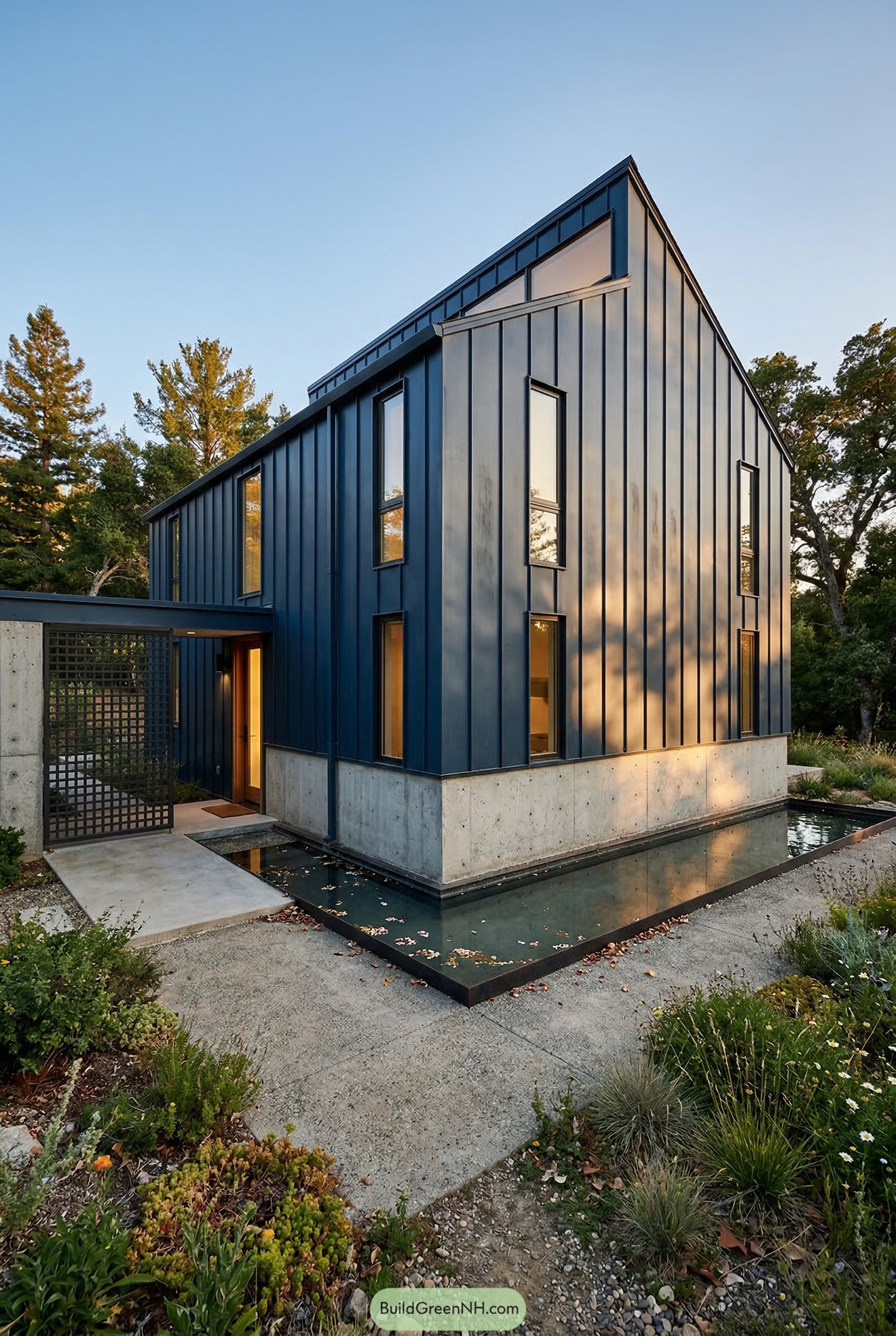Dark blue metal home with reflecting pool