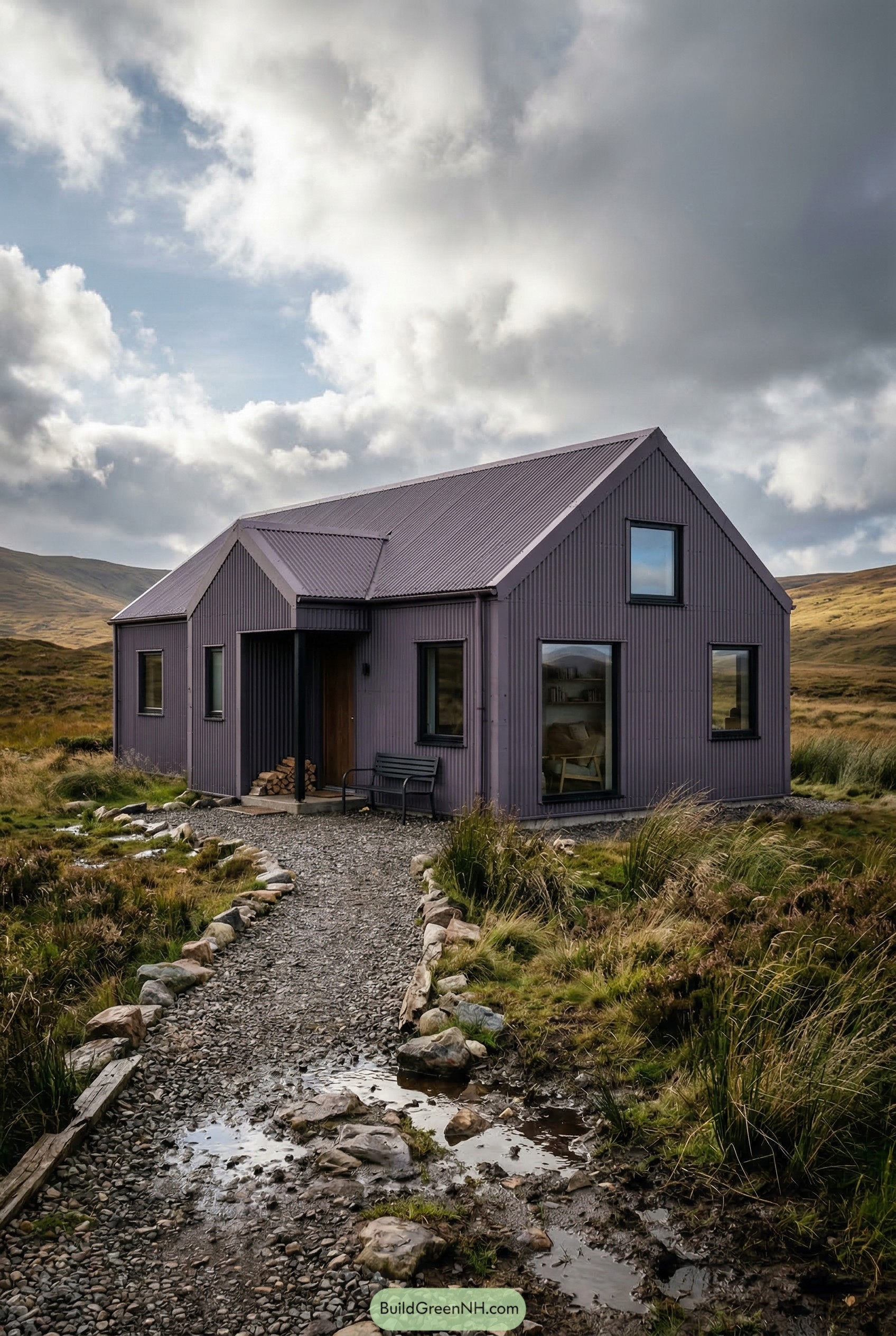 Purple corrugated metal house on moorland
