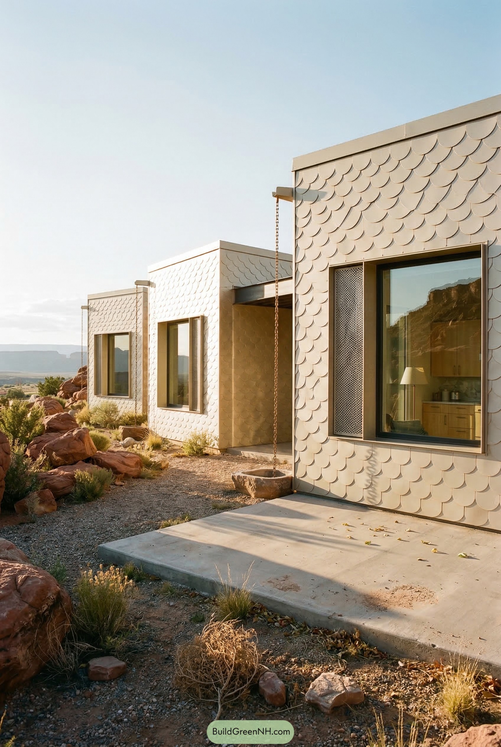 Scalloped metal house in a rocky desert setting