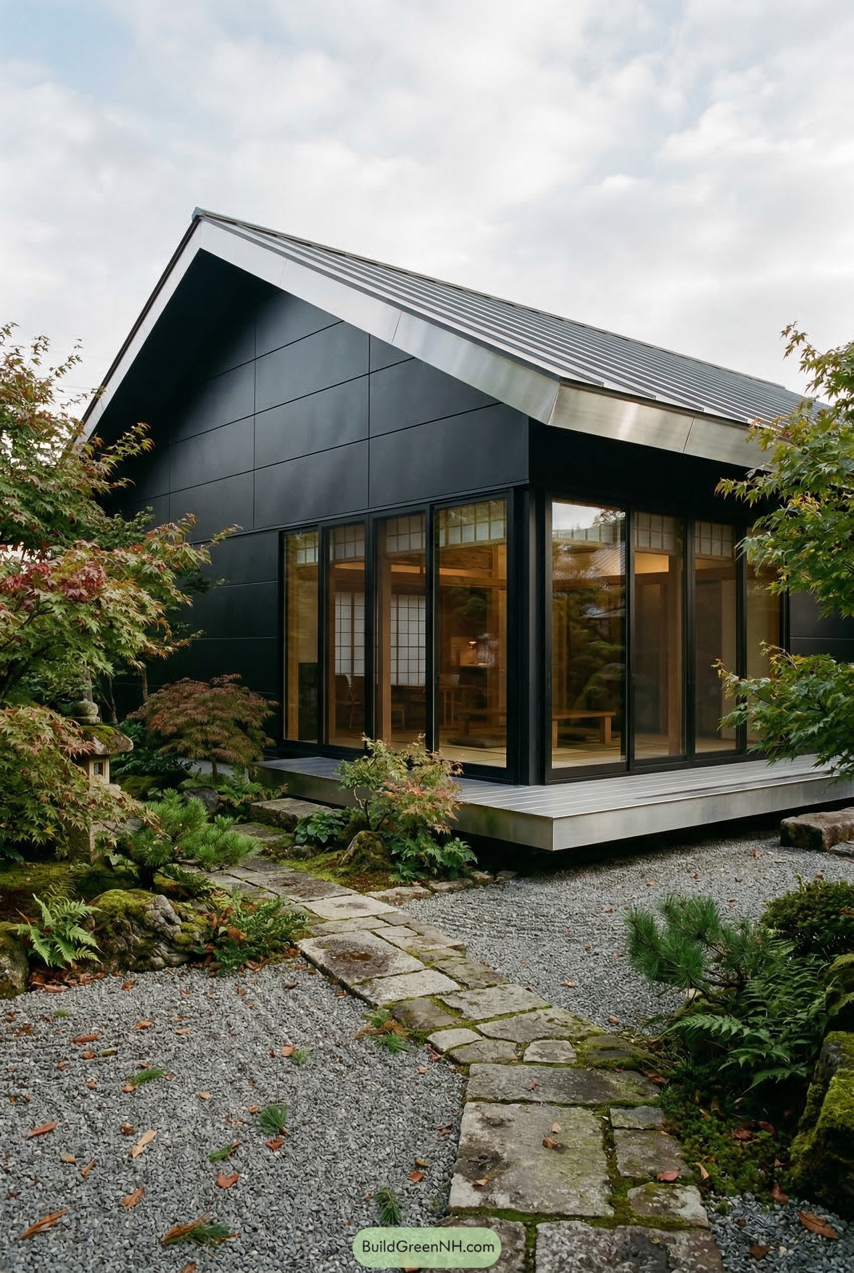 Black metal gabled house beside a Japanese garden