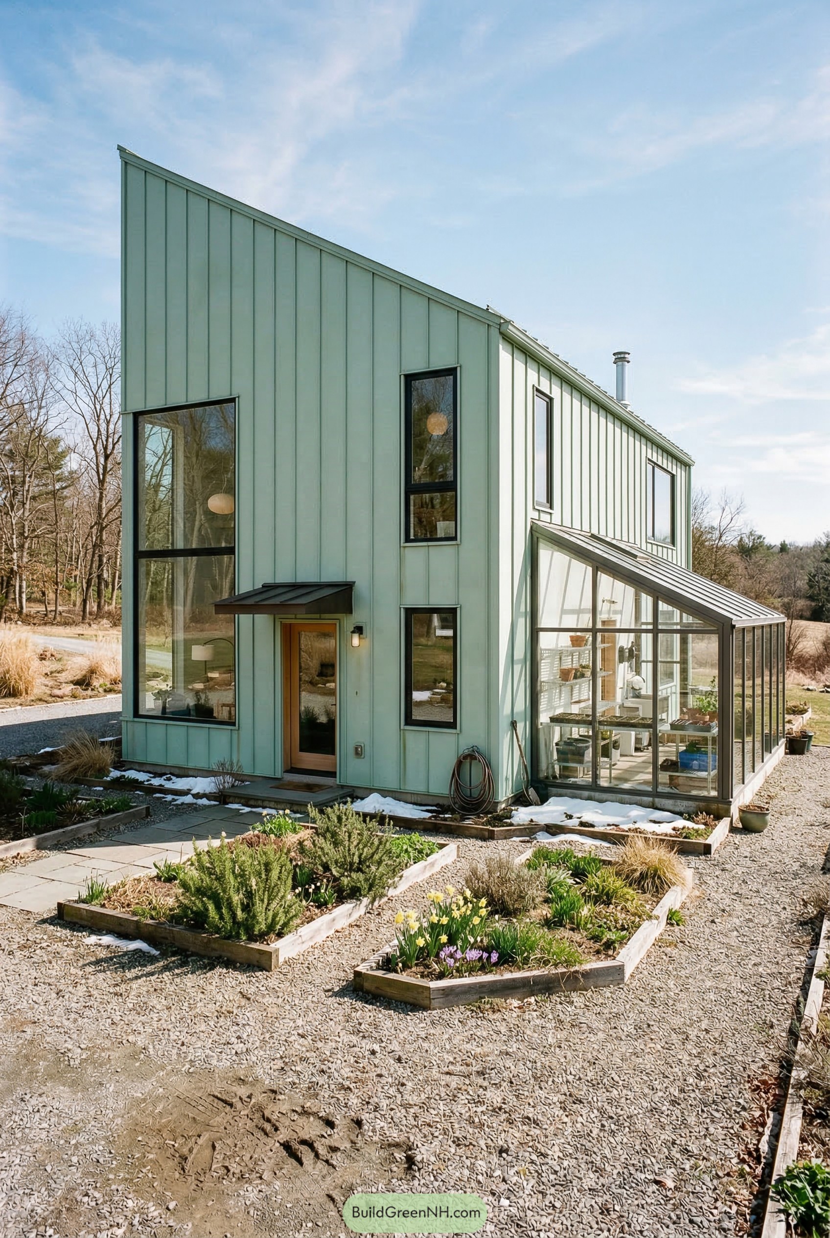 Pale green metal house with attached glass greenhouse